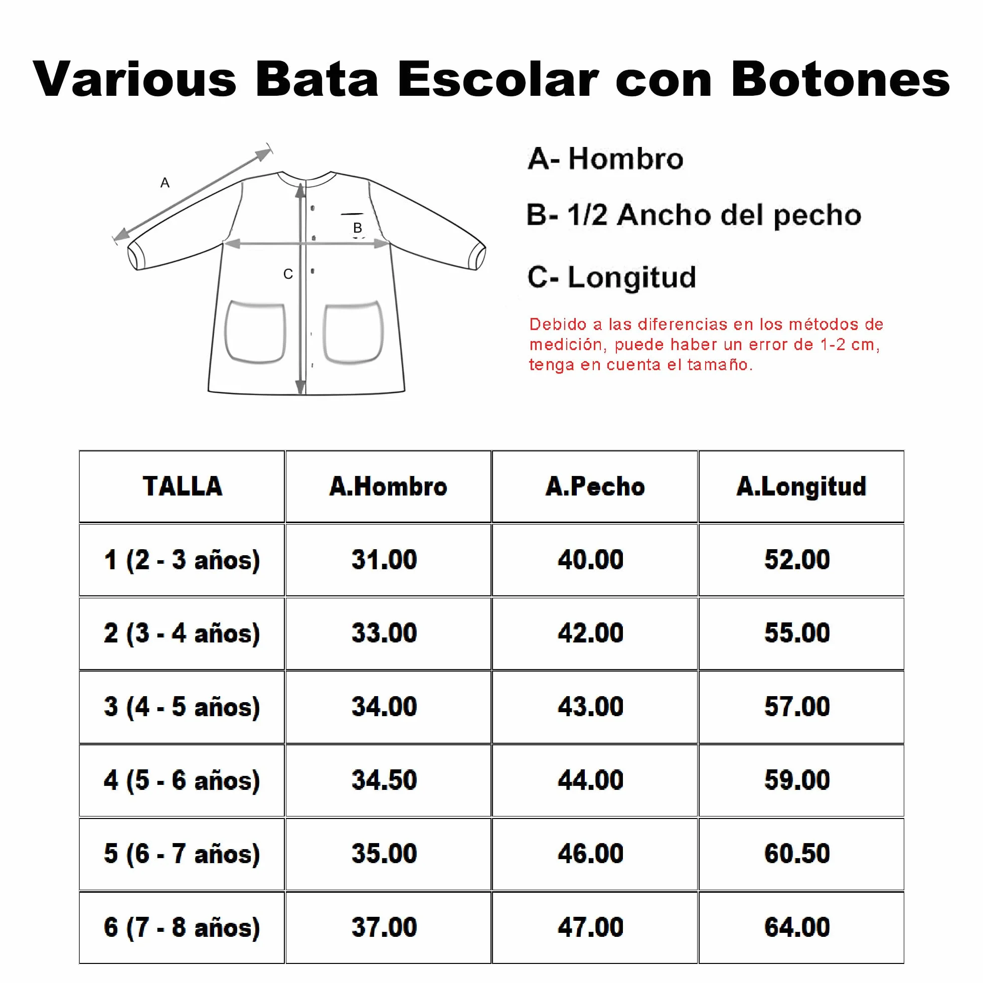 Babi Escolar Infantil de Cuadros Manga Larga Botones de Colores