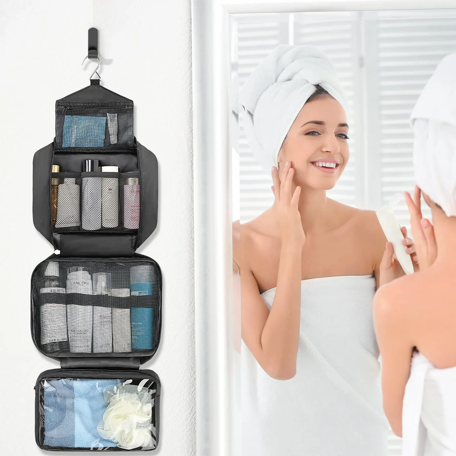 Maliton Neceser Viaje,Neceser Hombre Mujer,Impermeable De Gran Capacidad Neceser Maquillaje,con 4 Compartimentos Y Gancho Giratorio De 360°,para BañO Y Almacenamiento