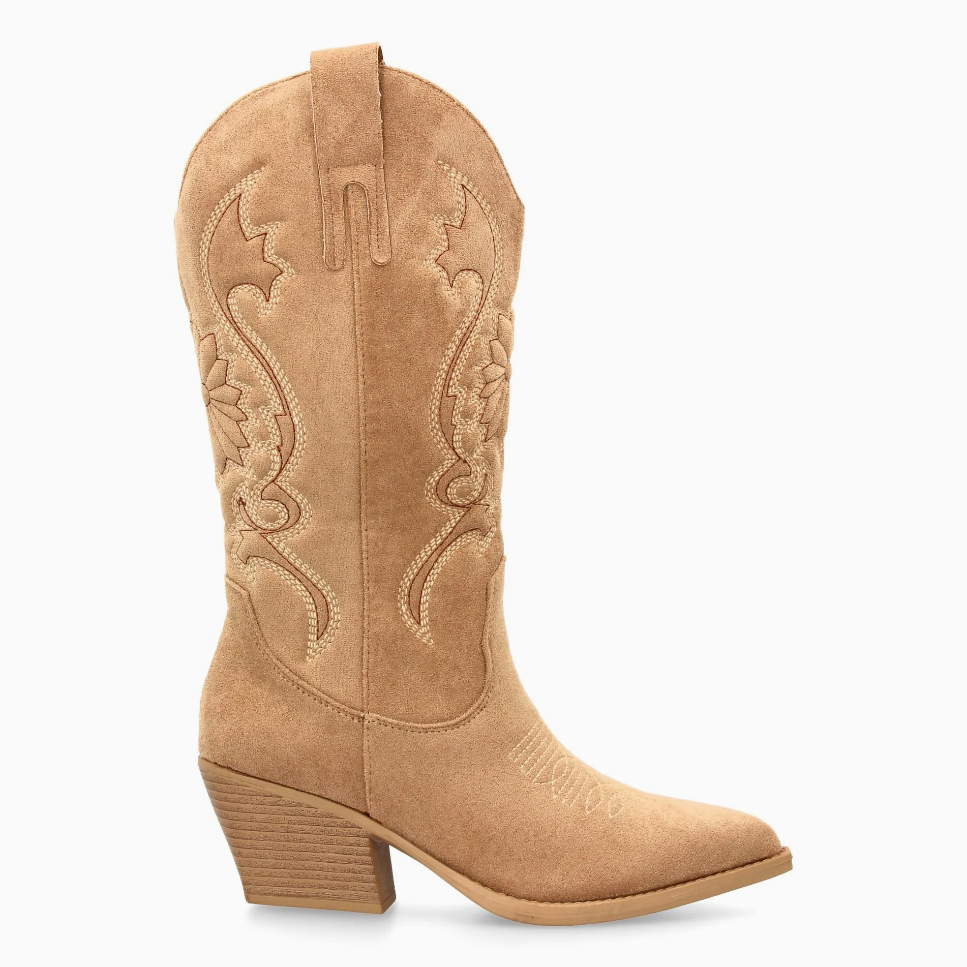Bota Cowboy de Cana Alta con Bordados para Mujer. Tacon Medio y Punta Fina, Estampado Liso. Estilo campero y Cierre de Cremallera, Ideales para Temporada Otono Invierno.
