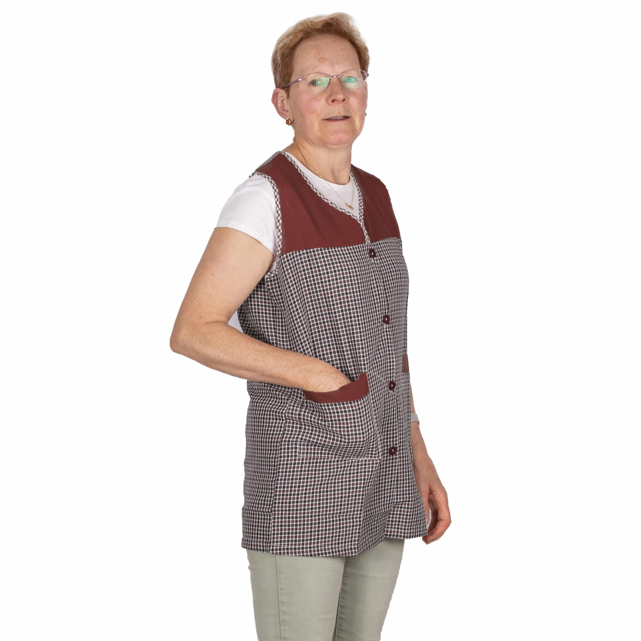 Delantal clásico de cuadros corto para señora - Mandil bata de cocina, limpieza y trabajo cómodo uniforme laboral para mujer