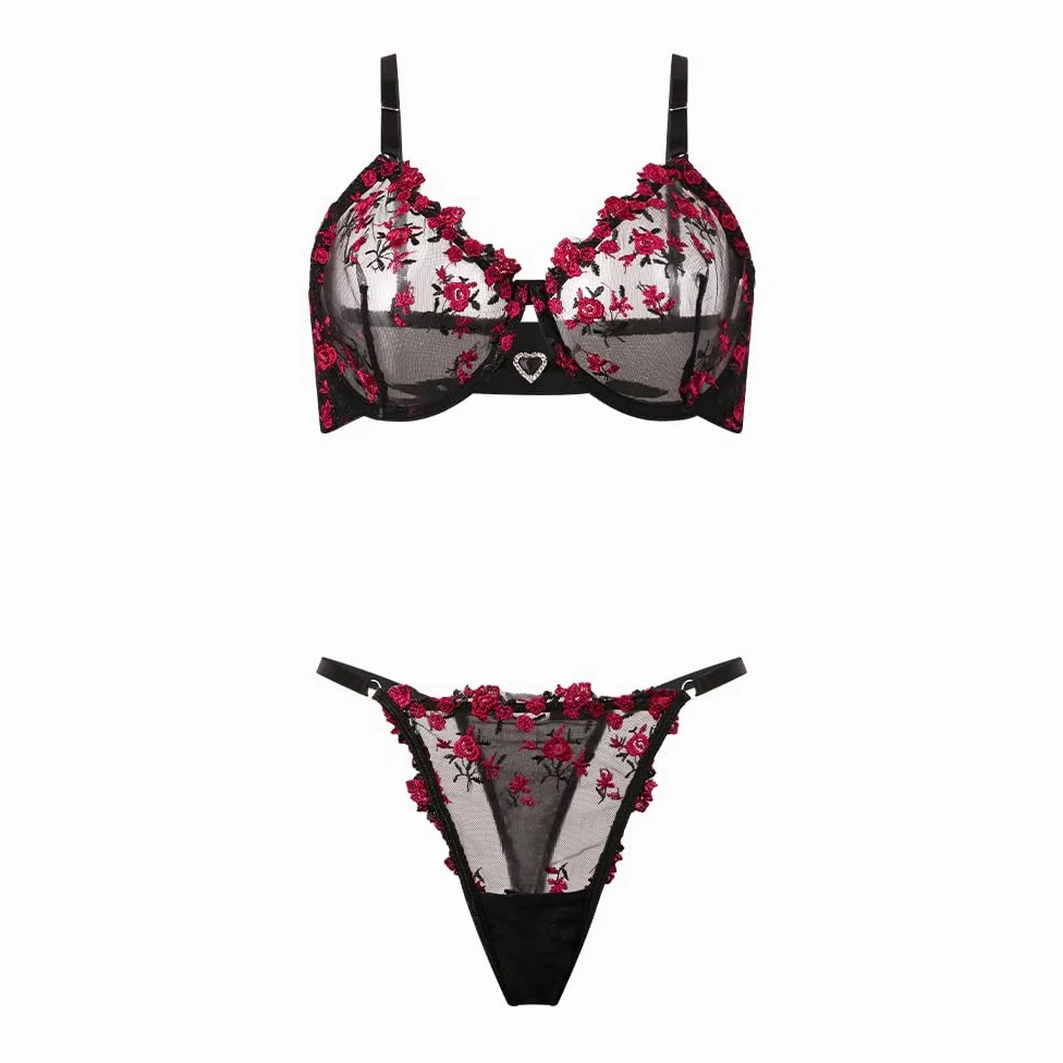 Conjuntos de lencería Sexy con Aros y Bordado Floral para Mujer, 2 Piezas con Sujetador de Malla Transparente y Panty de Cintura Alta, Ropa de Dormir Transparente con realce, Ropa Interior con Correa
