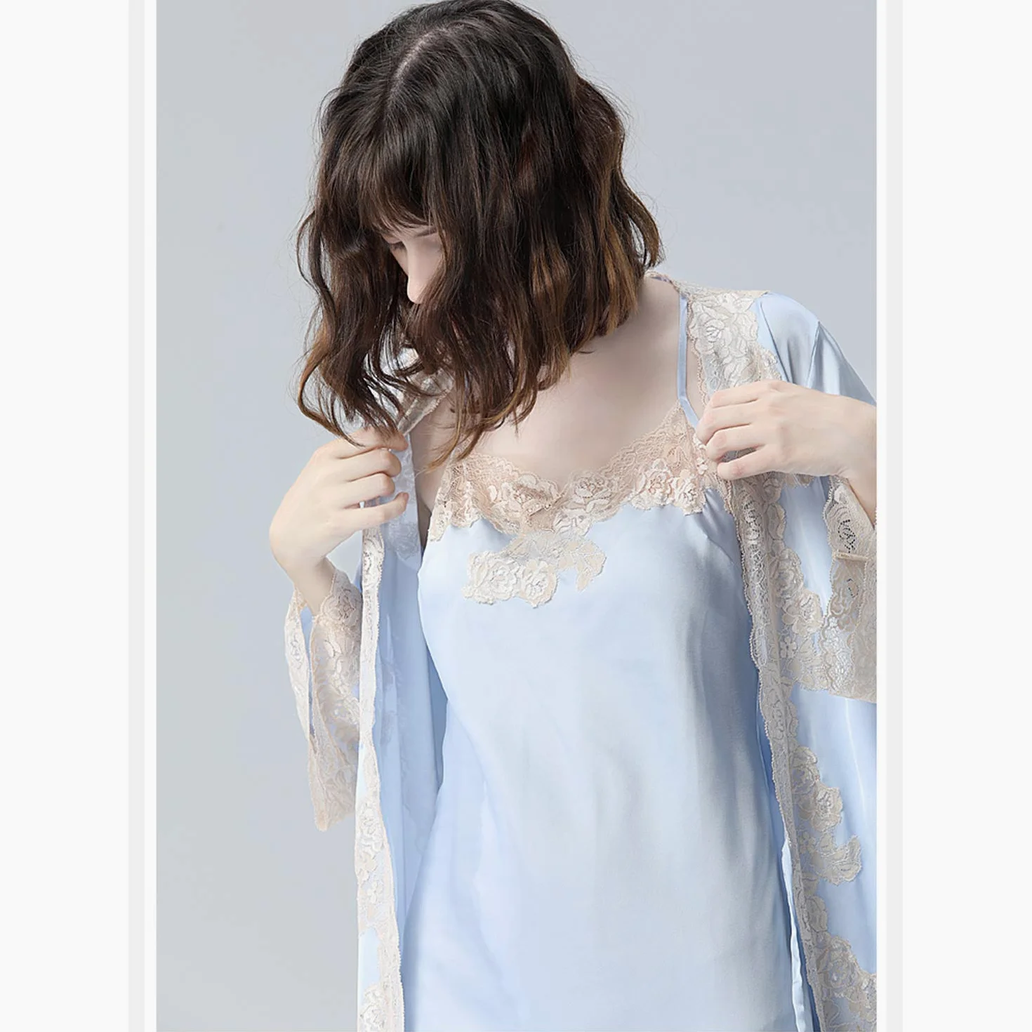 Traje De Kimono De Encaje Azul, Bata Satinada, Pijamas Sueltos con Bata De Baño Y Ropa De Dormir De Verano M