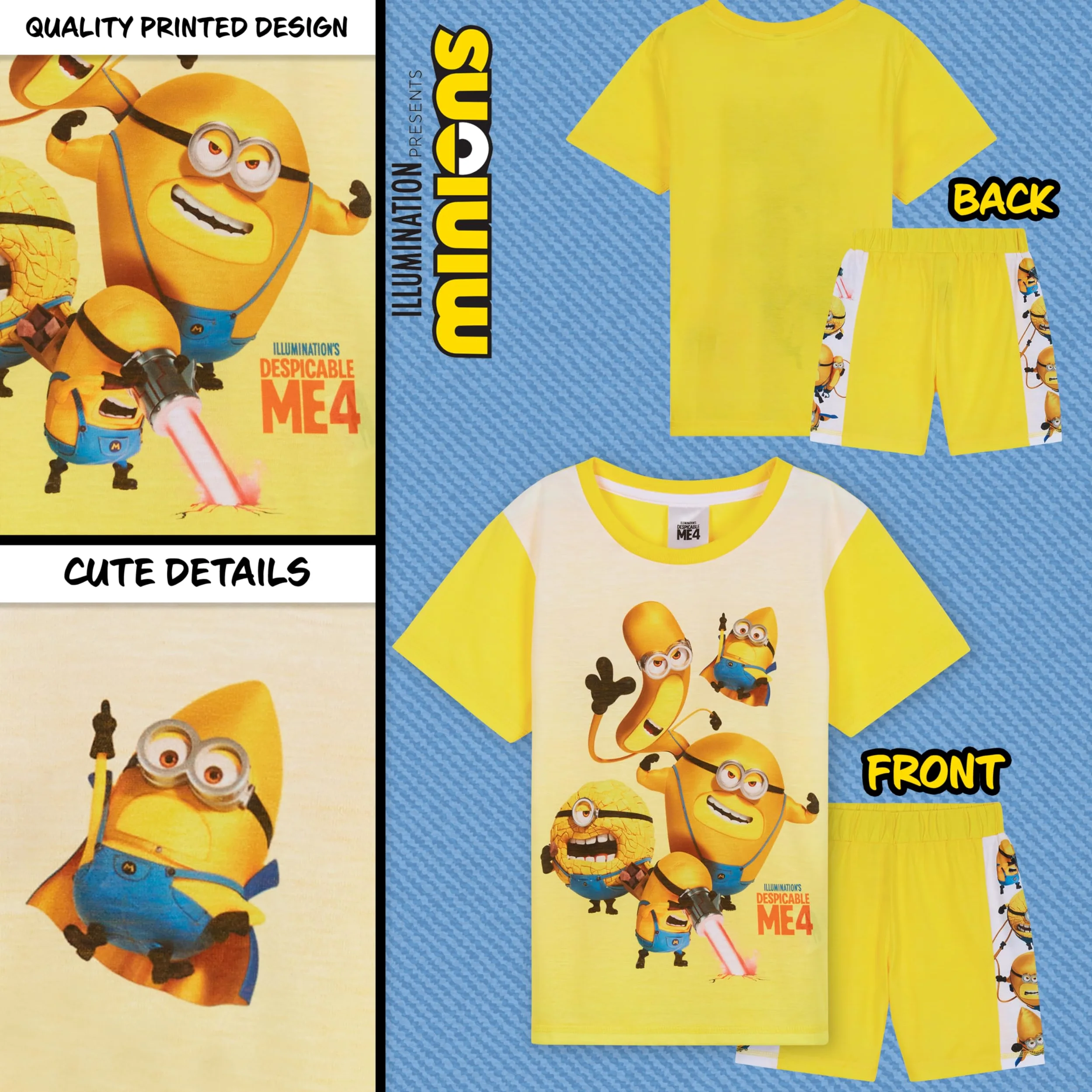 Minions Transpirable Pijama Niño Corto, Set de 2 Piezas - Regalo para Niños (Azul/Mostaza, 4-5 Años)