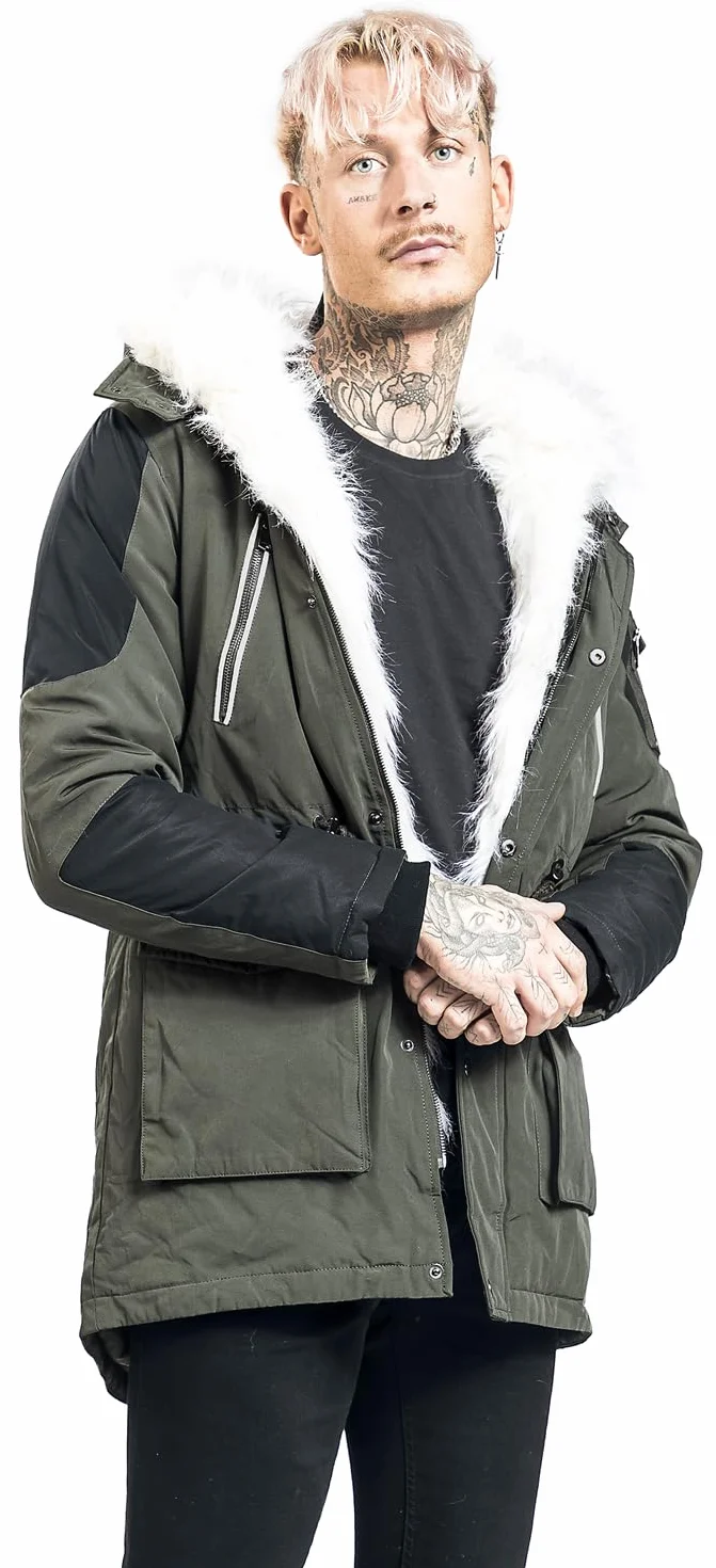 EMP Hombre Chaqueta de invierno verde oliva cuello piel sintética
