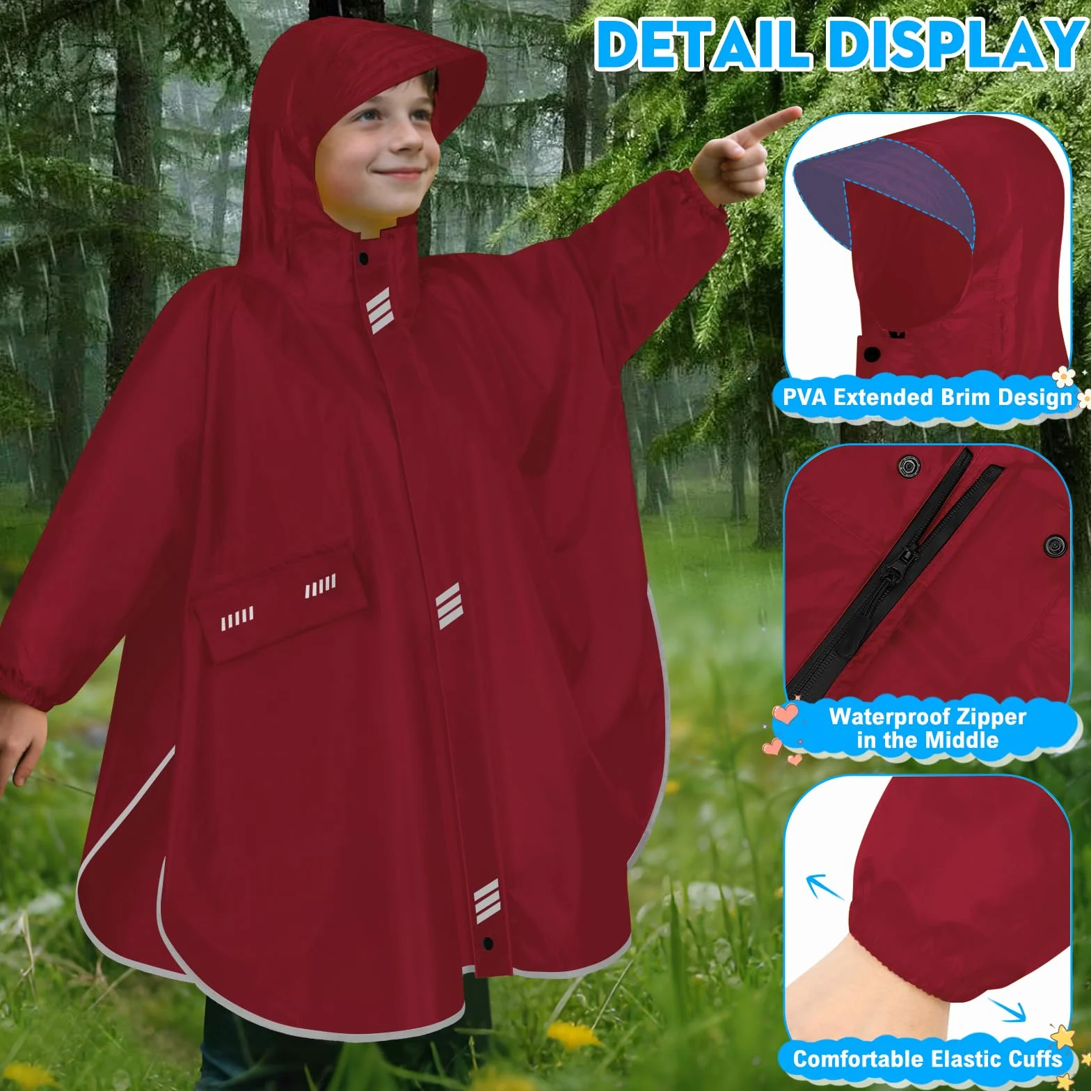 Poncho Lluvia Impermeable Niño Niña Unisex con Capucha Mangas Reflectantes