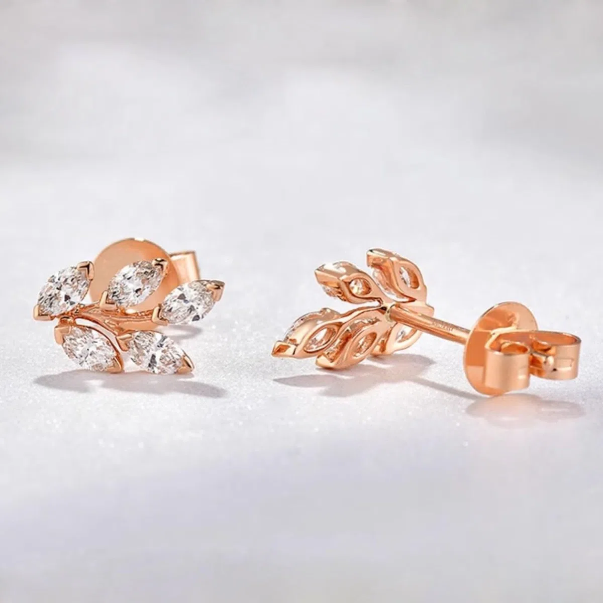 Pendientes de oro rosa con diamantes marquesa de 9 quilates, 14 quilates y 18 quilates, aretes de tuerca de oro real para mujer