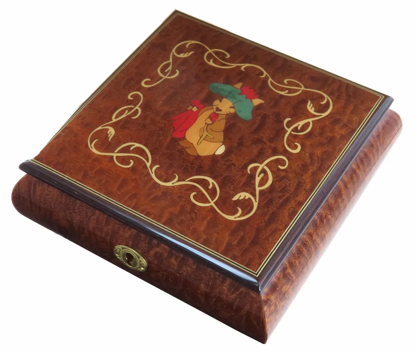 Lutèce Créations Joyero musical/caja de música para joyas de madera con marquetería conejo de Beatrix Potter y mecanismo musical de resorte de 18 notas - Canción de cuna (Johannes Brahms).