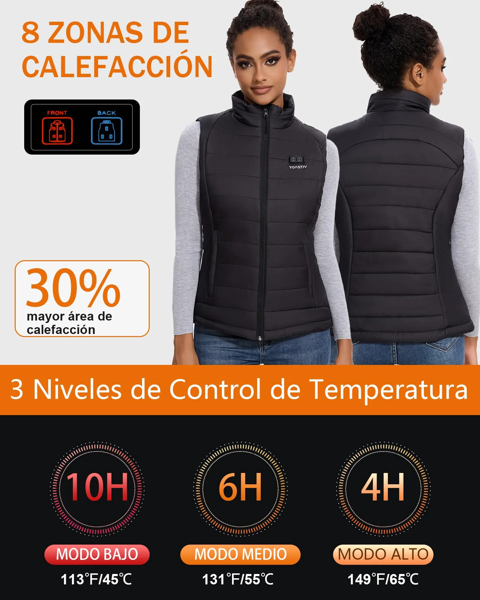 Chaleco Calefactable Mujer 16000mAh 8 Zonas Calefacción 3 Niveles Temperatura Ajustable Eléctrico Lavable