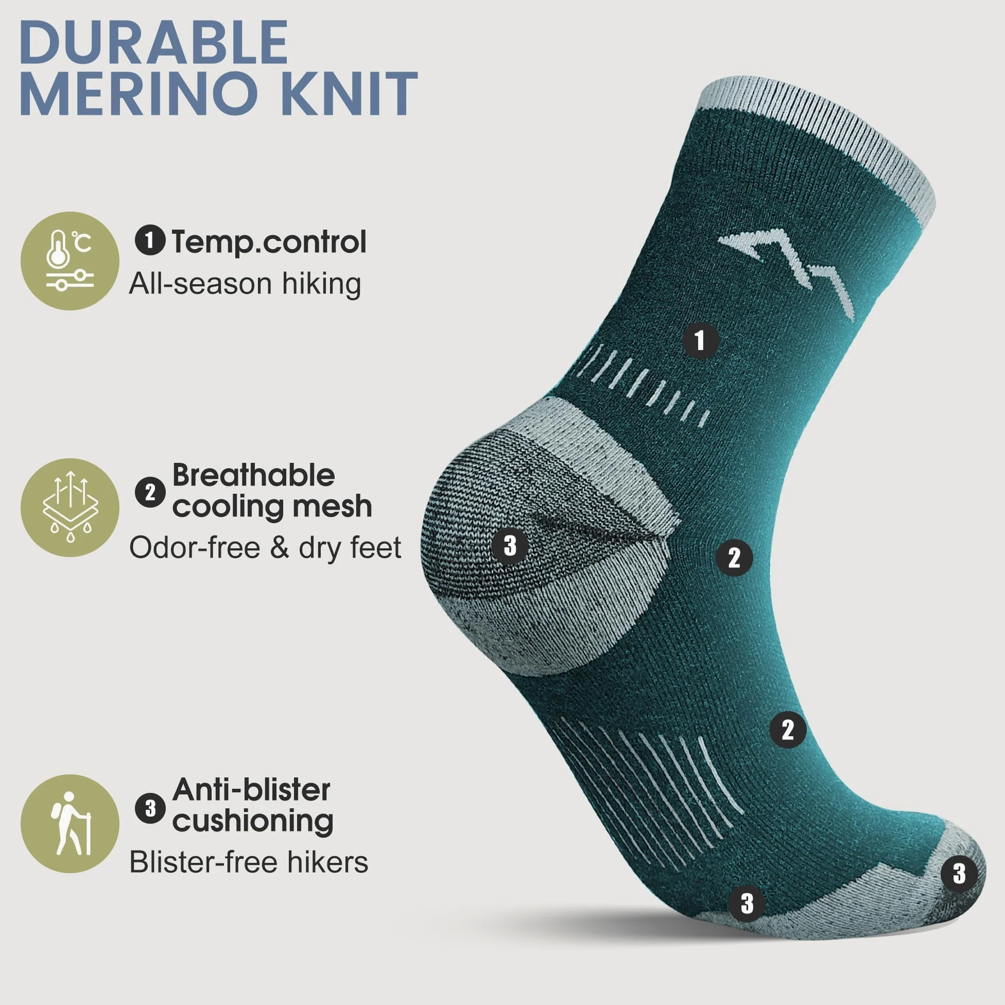 innotree Paquete de 3 calcetines de senderismo de lana merino para hombre, acolchados con micro tripulación, calcetines térmicos que absorben la humedad