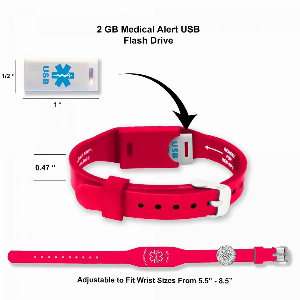 Elite II - Pulsera de silicona hipoalergénica impermeable con tarjeta de identificación médica, 2 GB, incluye tarjeta de alerta médica, acceso gratuito PHR (registro de salud personal), color rojo