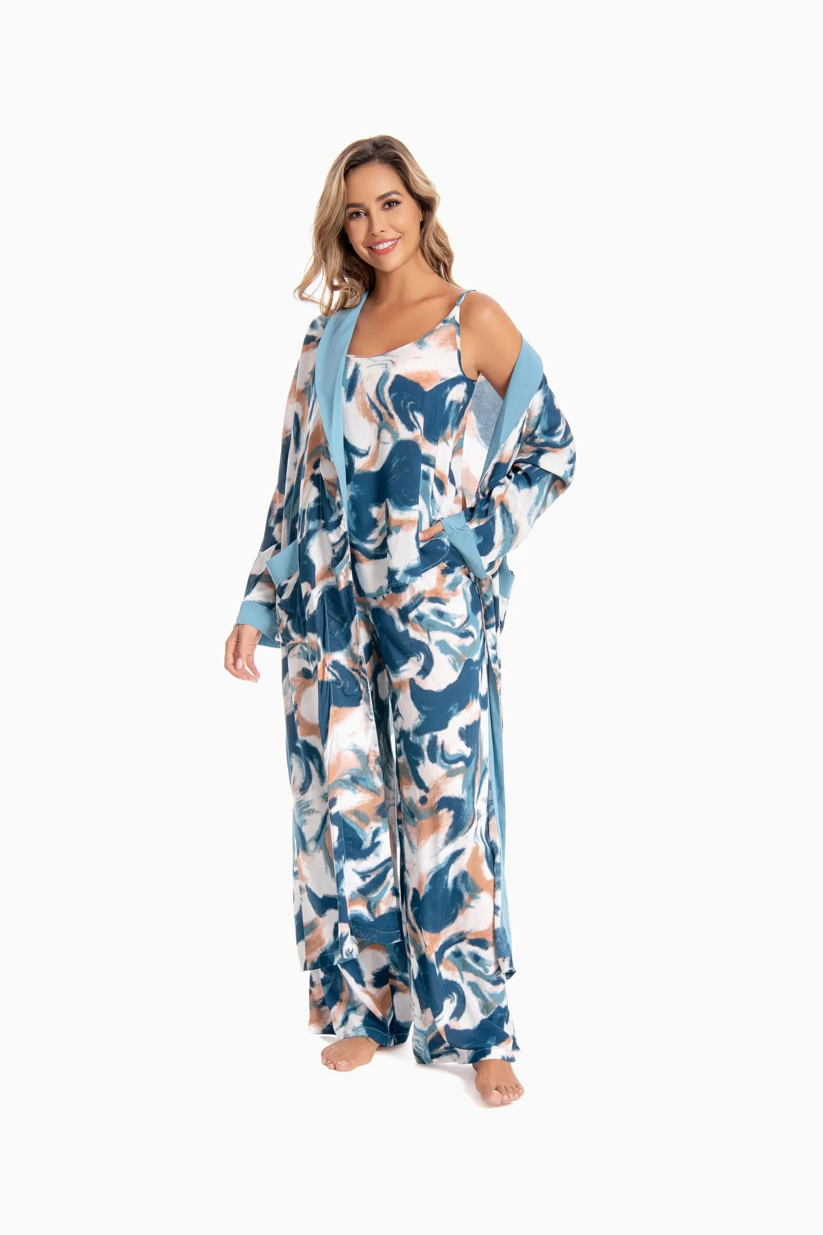 Nutria Conjunto de pijama largo de 3 piezas para mujer, pijama de verano, ropa de dormir, tirantes de cami, pantalones anchos, conjunto de albornoz para mujer, Pjs D08