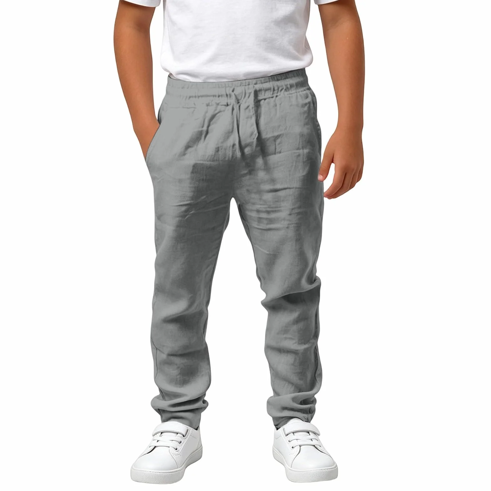 Pantalones de Muselina para Niños Cintura Elástica Algodón y Lino Casuales Sueltos Verano Ligero Transpirable con Bolsillos