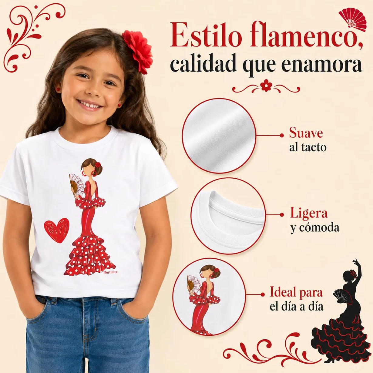 Camiseta Flamenca 100% algodón orgánico de Manga Corta para niña