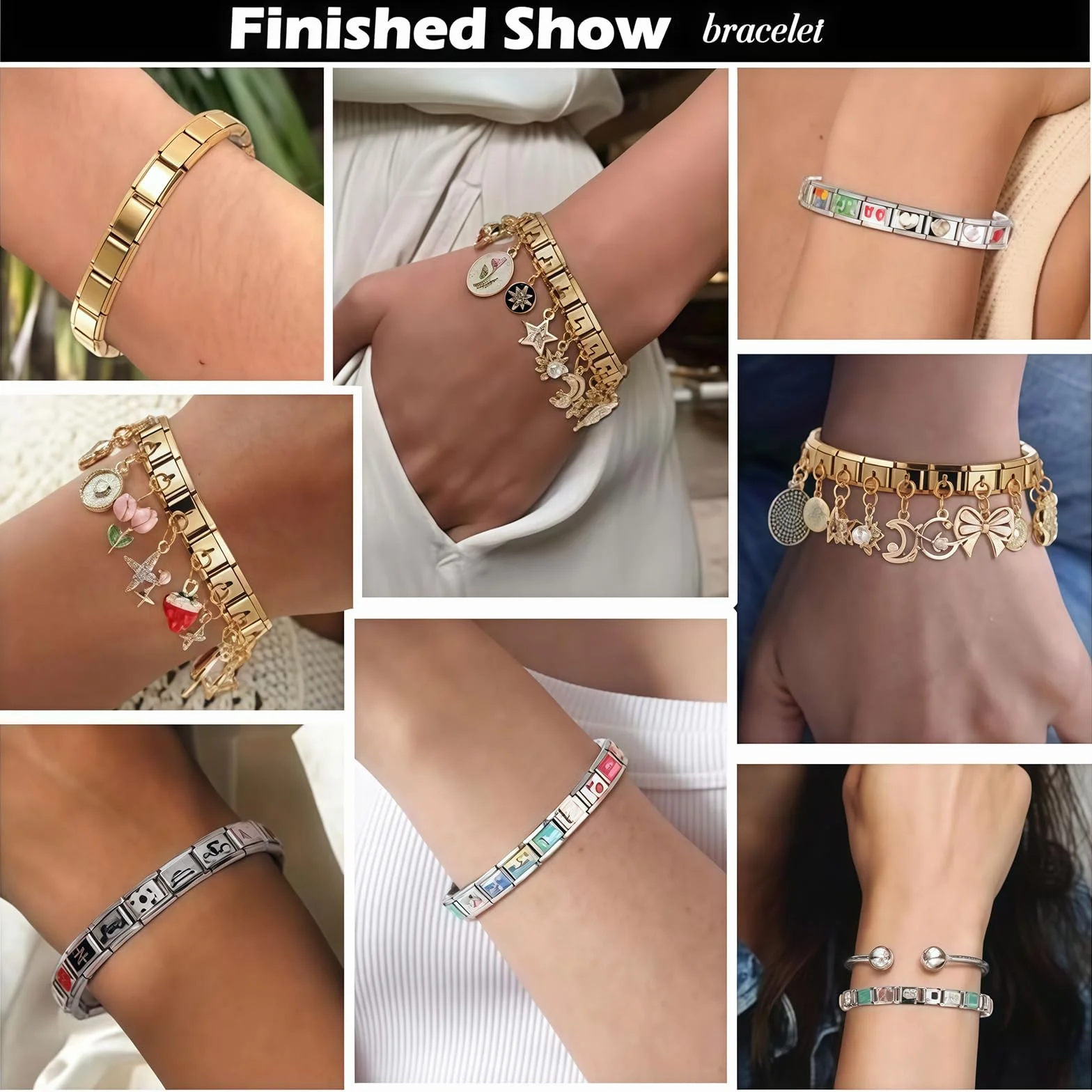 Pulsera Italiana de Encantos Conjunto de Brazalete Dorado con 1 Pulsera Inicial, 10 Encantos Italianos Temáticos del Océano con Herramienta de Apertura, 9 mm Encantos Italianos Modulares,