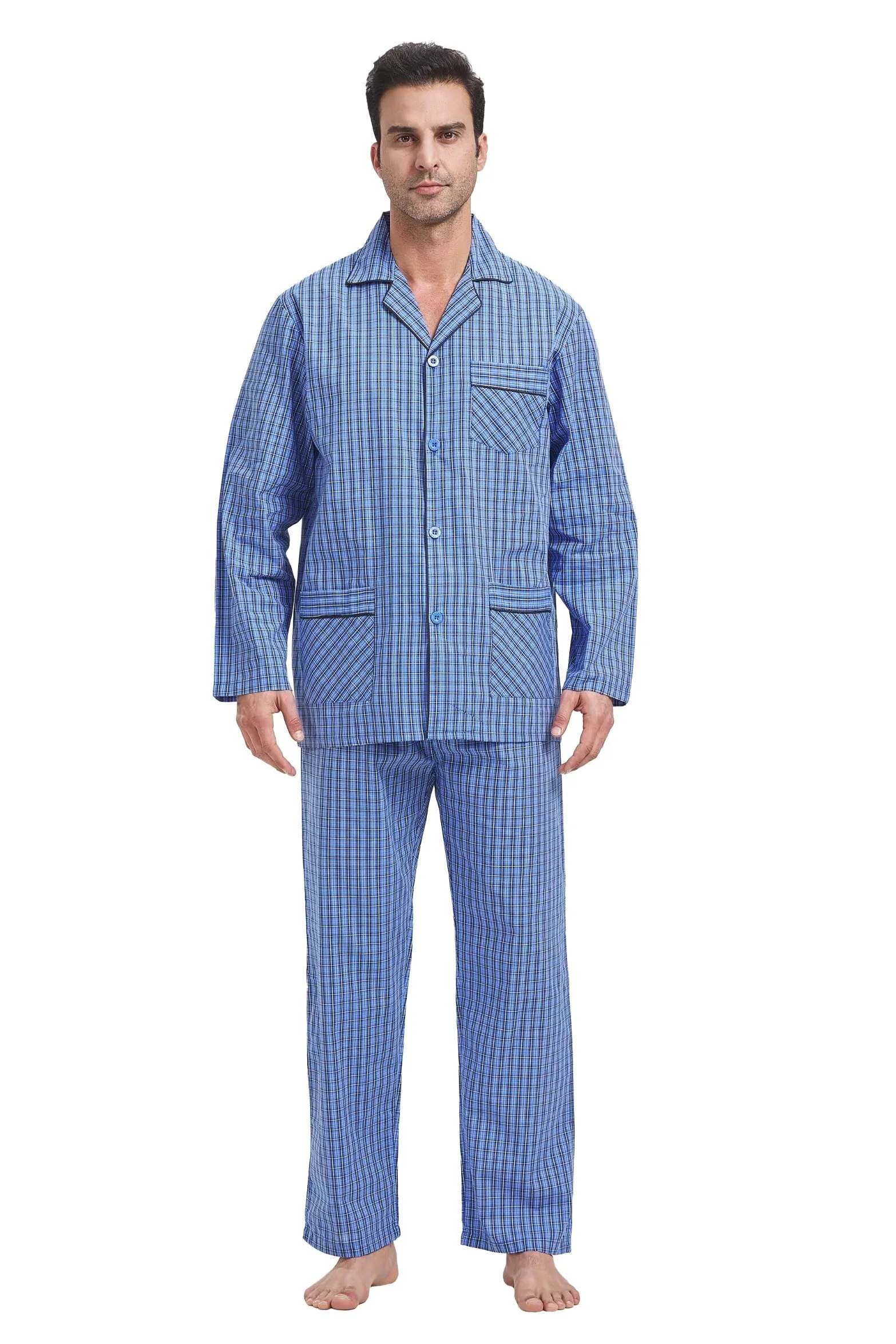 GLOBAL Pijamas Hombre Largos Pantalones Ropa de Dormir Conjunto de Algodón Pijama para Hombre con Bolsillos y Cordón