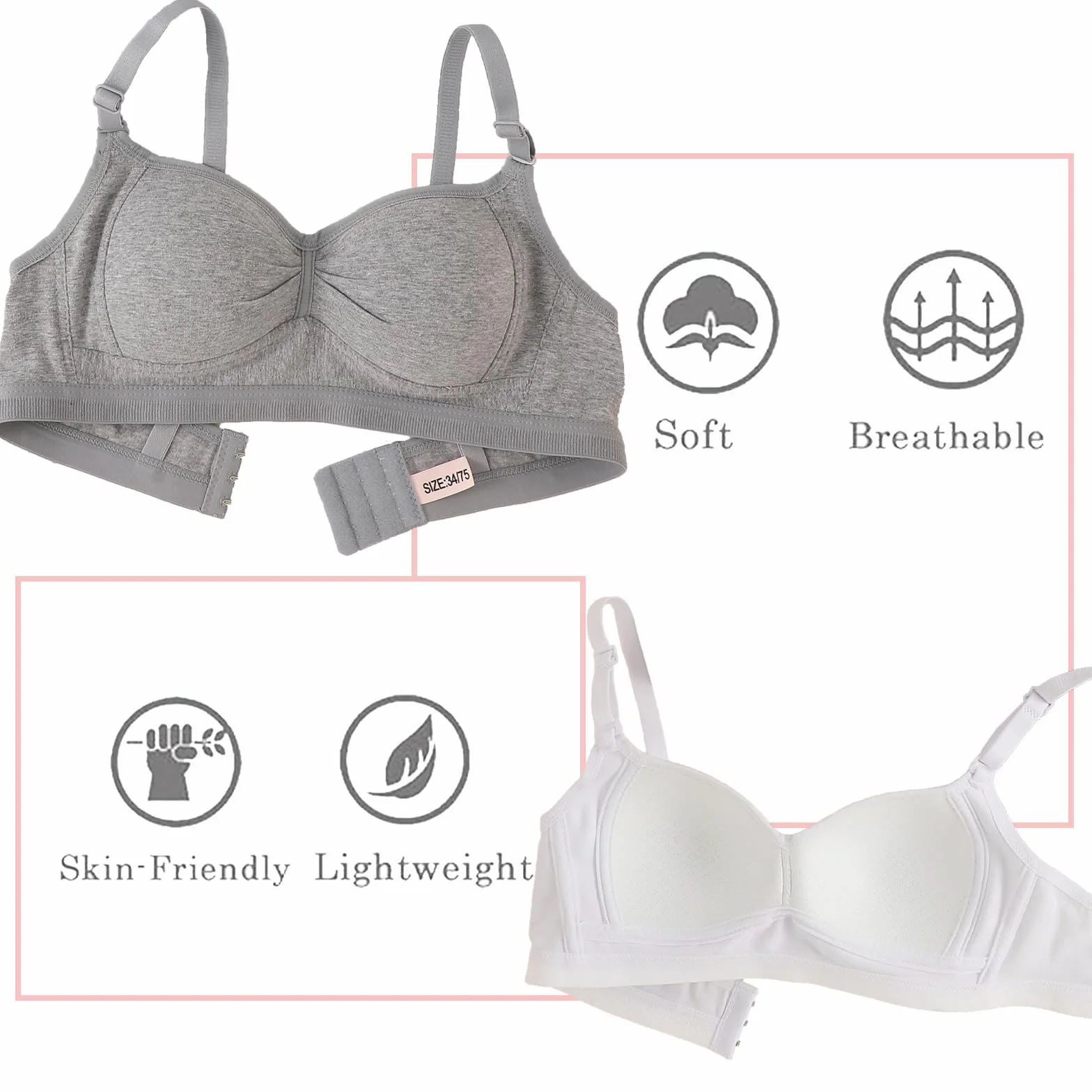 Sujetador Deportivo de Algodón para Niña Adolescente con Correa Ajustable Desmontable Bralette de Entrenamiento Paquete de 3