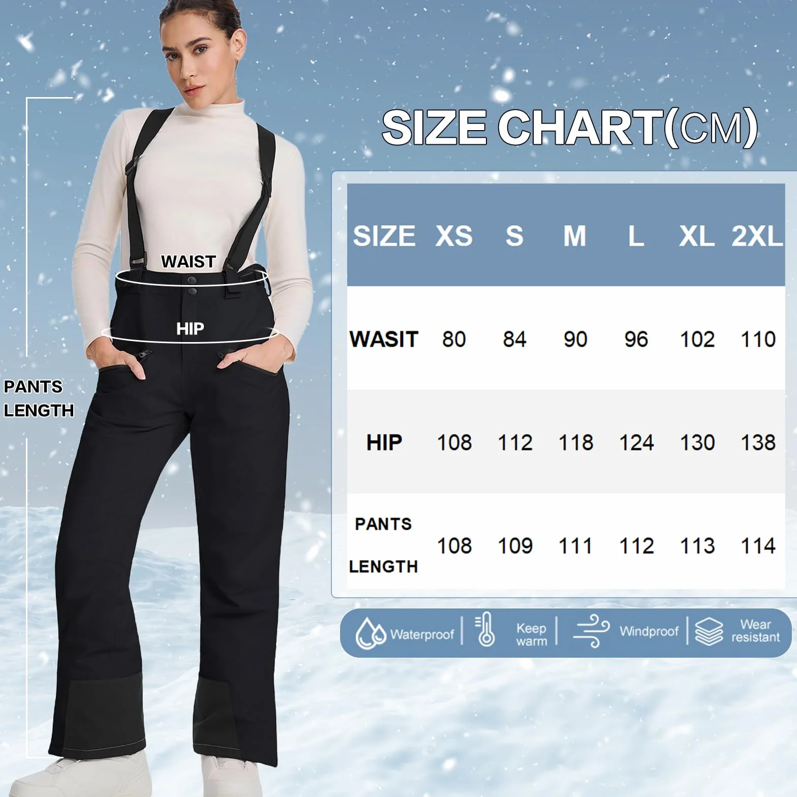 HOUZONIY Pantalones de esquí para mujer térmicos snowboard cintura ajustable tirantes extraíbles
