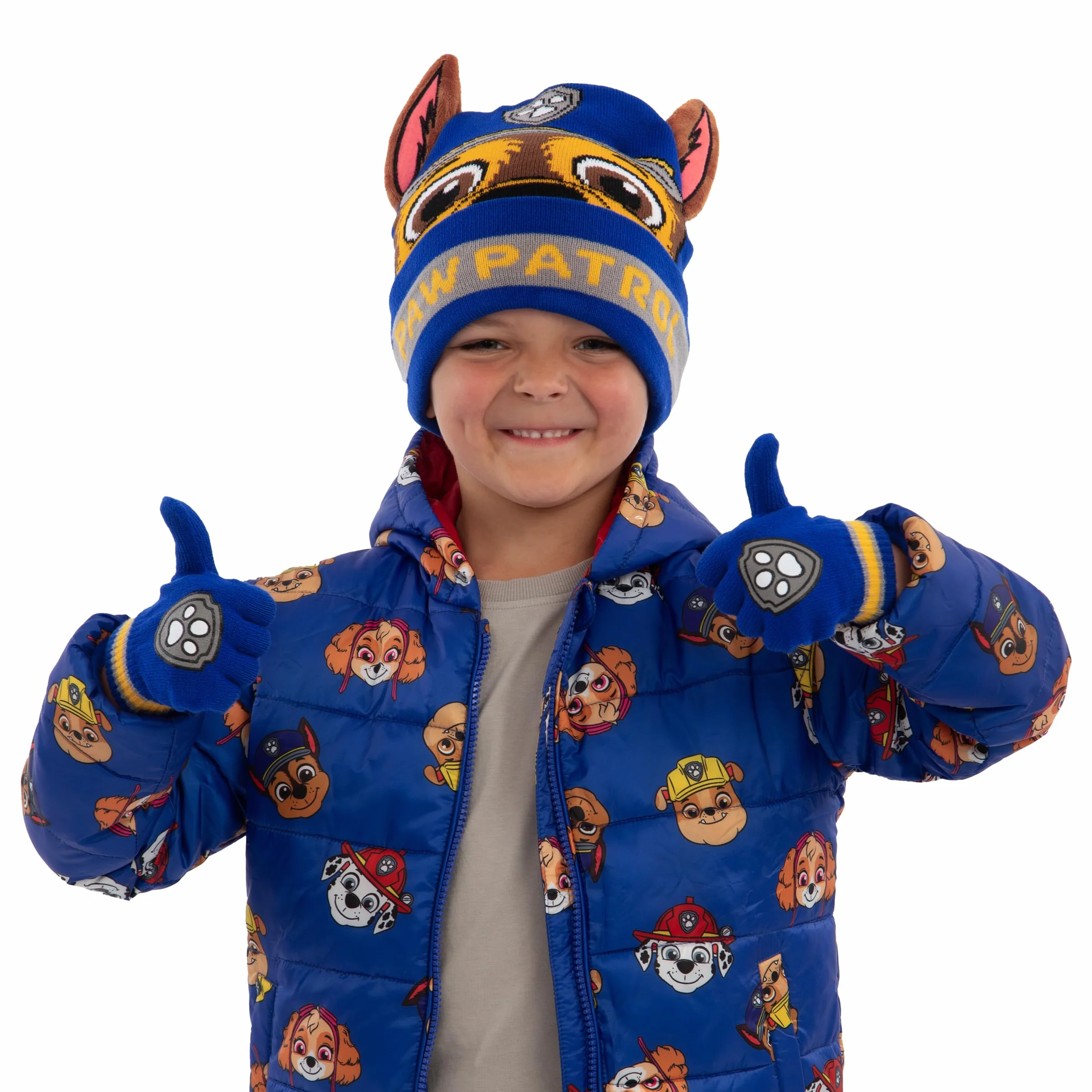 Paw Patrol Conjunto De Gorro Y Guantes Para Niños, Conjunto De Gorro Y Guantes Chase Con Orejas 3D, Azul, Talla Única