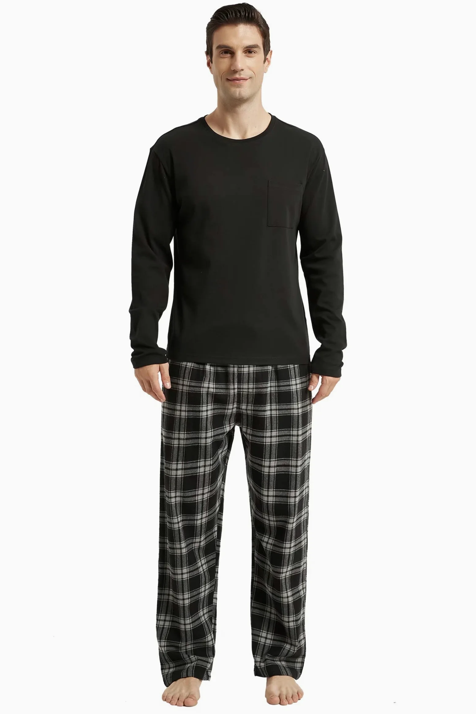 Amaxer Pijama de Dos Piezas Hombre, Conjunto de Pijama de Franela, Ropa de Dormir, Camiseta de Manga Larga con Bolsillos, Pantalones de Pijama con cordón
