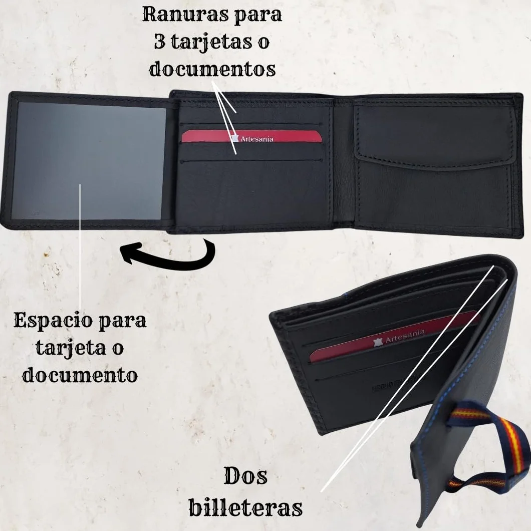 Cartera de Piel para Hombre Hecha artesanalmente en Ubrique Hombres y jóvenes, Incluye Llavero y Pulsera de temática española. (76 Negro Tira Grabado Hilo Azul)