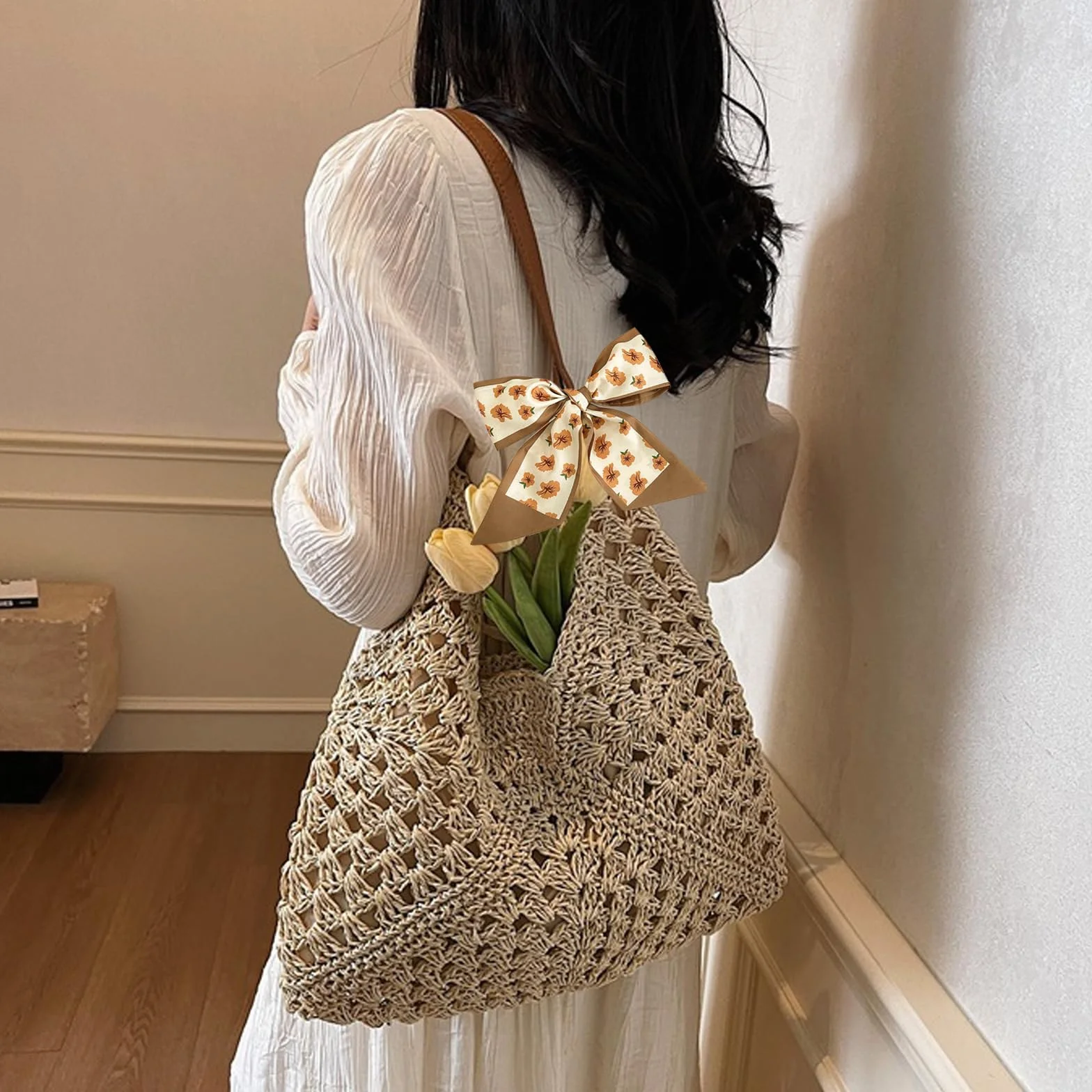 Bolsos de Paja Mujer Verano, Elegante Bolso de Mano Bohemio, Práctico Bolso de Hombro Rafia para Mujer, Bolsos Tejidos Crochet, Tote Bag Para Viaje Fiesta Vacaciones (Beige)