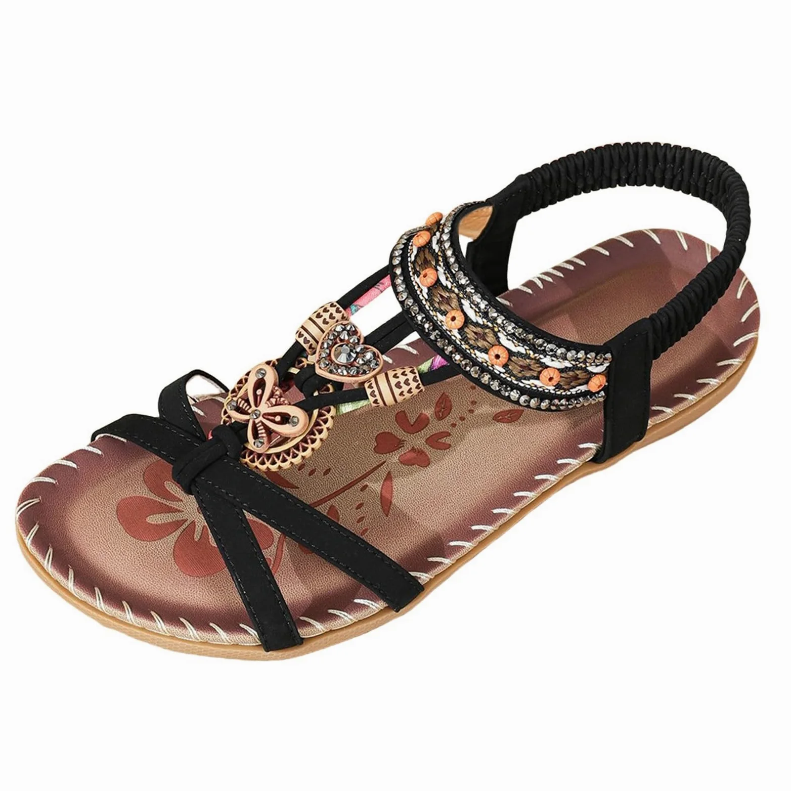 Generisch Sandalias para mujer, estilo boho, sandalias brillantes de estrás, zapatos de playa, elegantes sandalias romanas, tallas grandes, sandalias planas, suaves, antideslizantes, informales, con
