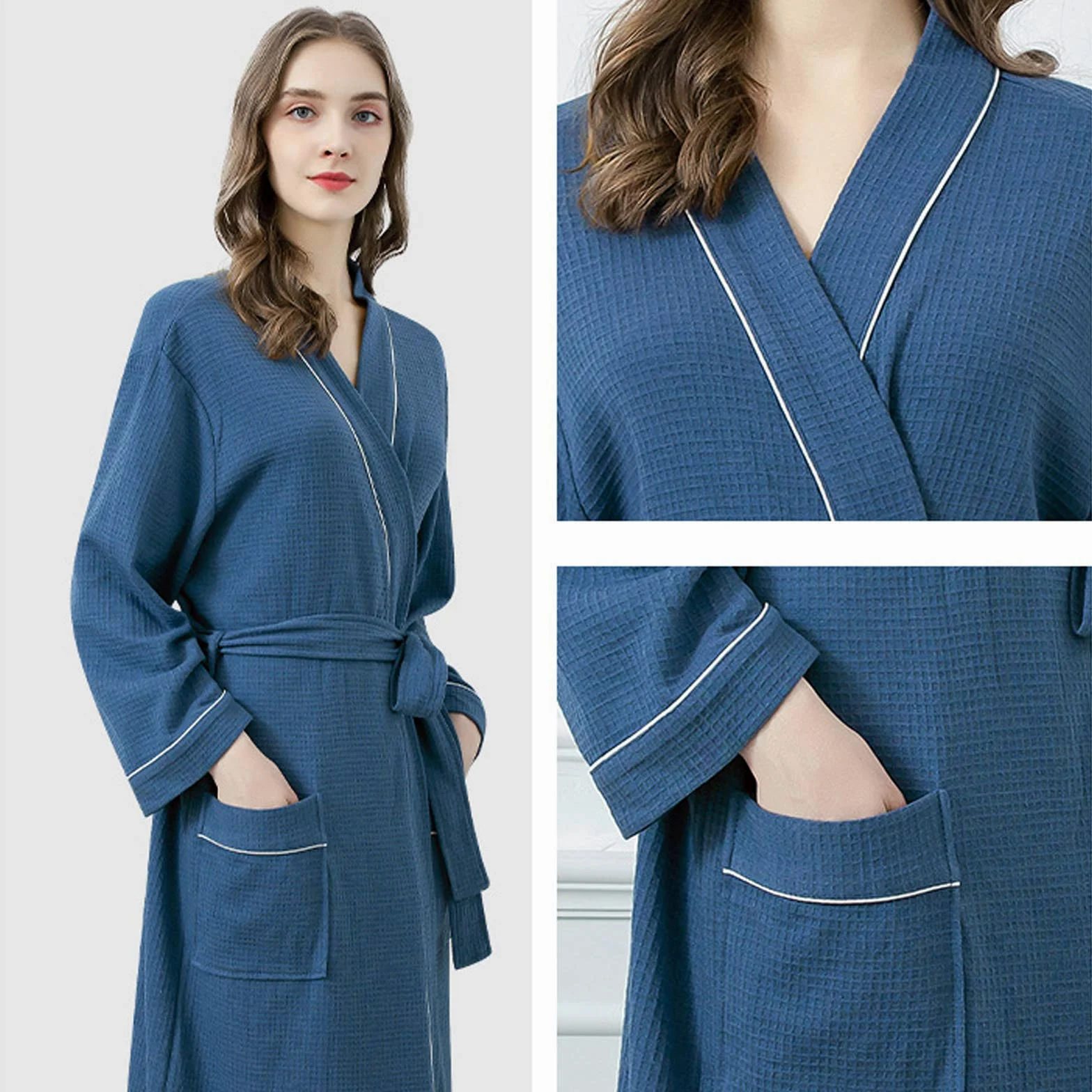 Albornoz de algodón de punto, kimono largo, con bolsillos para hombres y mujeres, spa y piscina de hotel