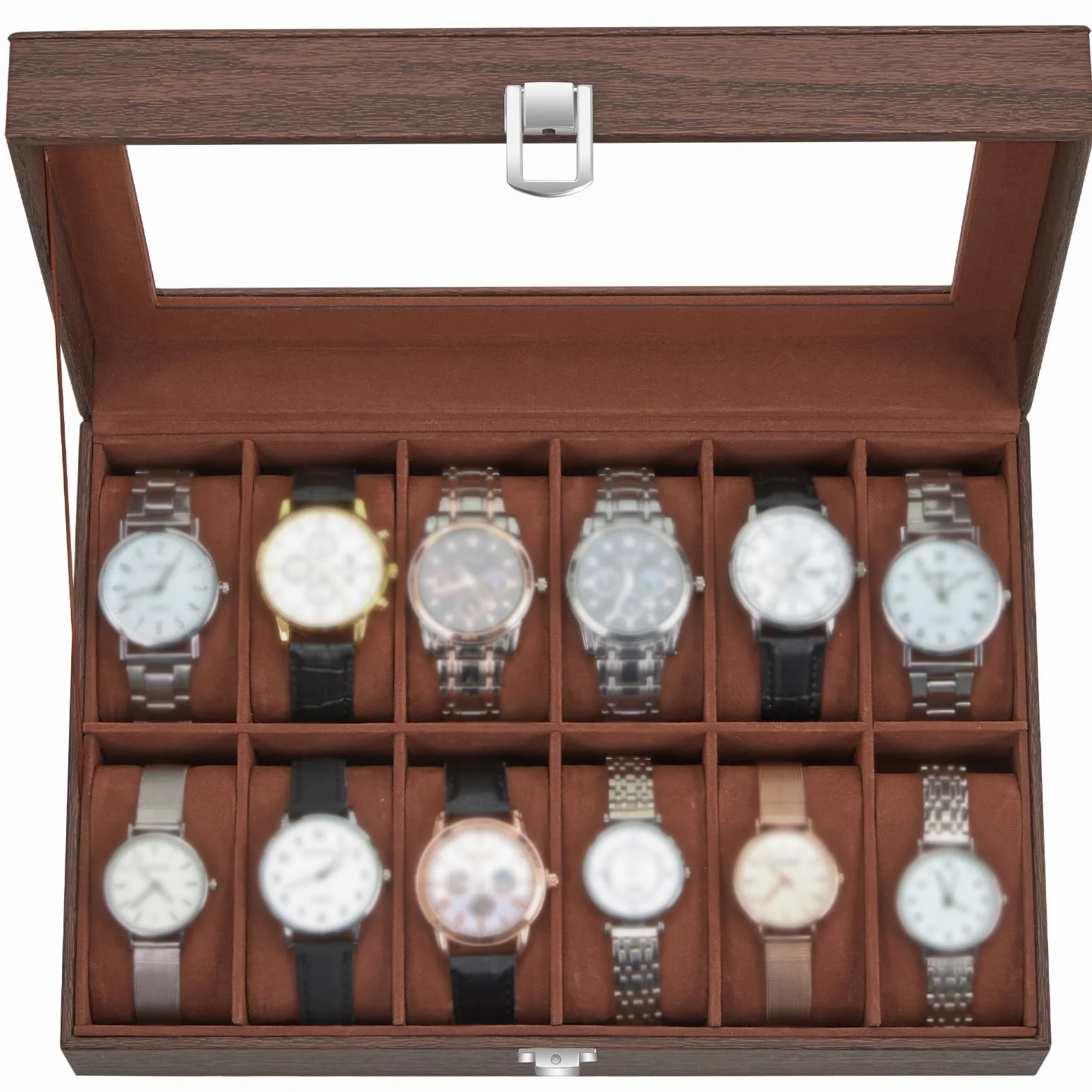 Caja Relojes con 12 Compartimentos, Ohuhu Caja para Relojes con Tapa de Cristal y Cojín ExtraíbleRegalo para Cumpleaños Día del Padre Navidad