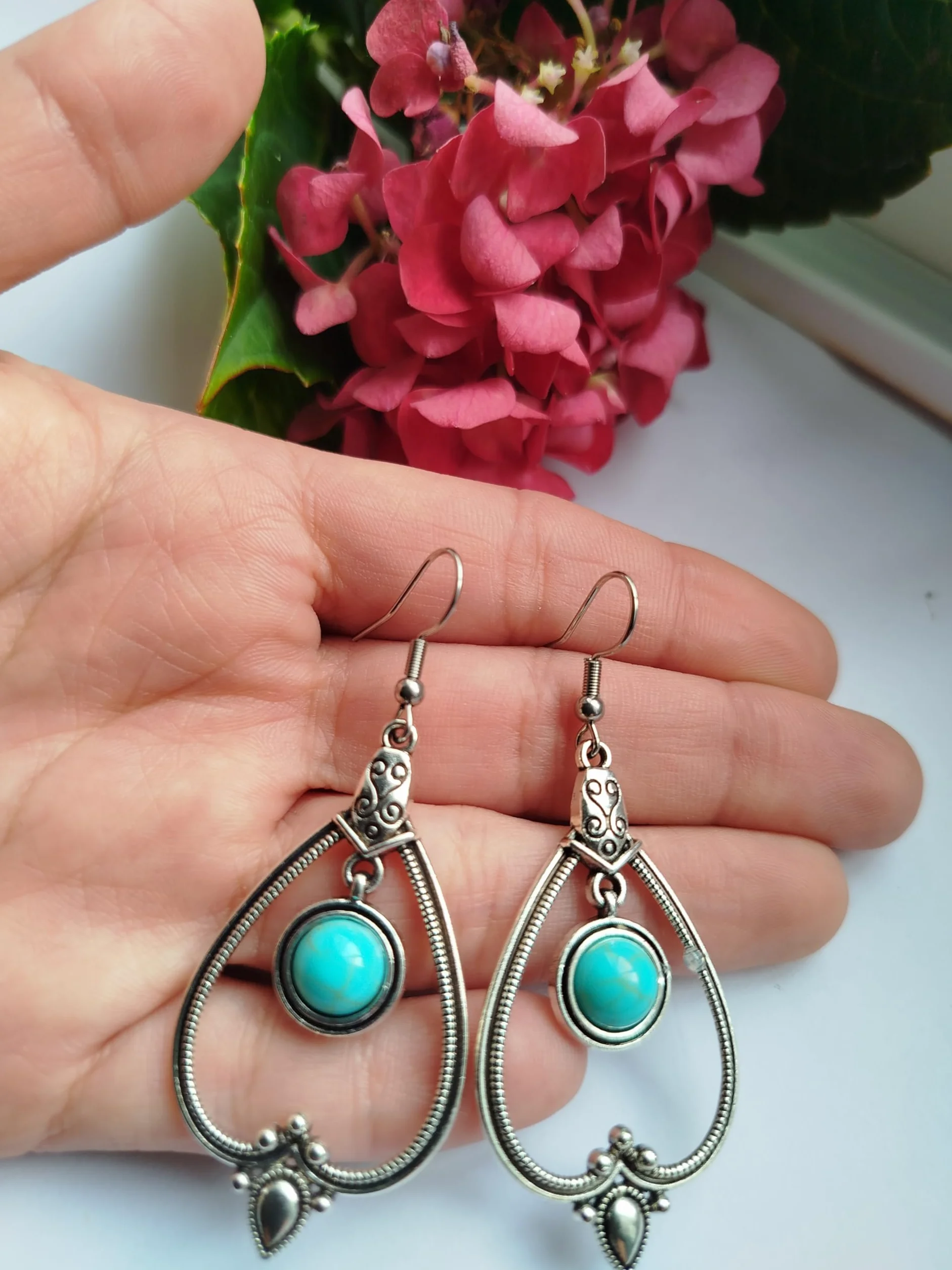 Pendientes Mujer Bohemios con Piedra Turquesa Colgante Estilo Vintage Largos Forma de Gota Plata Tibetana