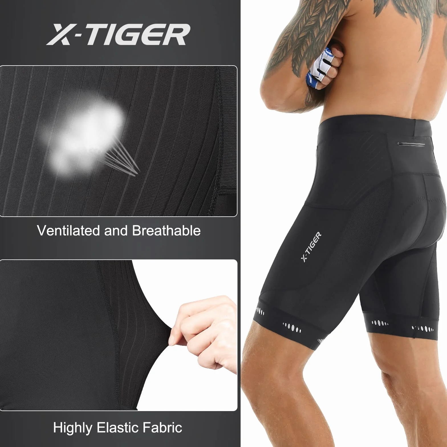 X-TIGER Culotte Ciclismo Hombre 5D Gel Acolchado MTB Pantalones Cortos Transpirable Secado Rápido 3 Bolsillos