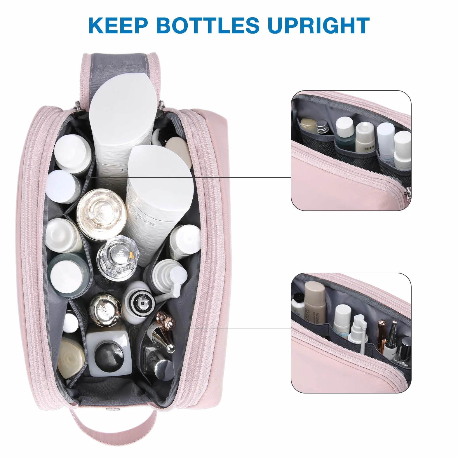 BAGSMART Neceser para Viaje Hombres y Mujer, Neceser Maquillaje Impermeable con Doble Cremallera, Bolsa de Afeitar, Gran Espacio de Almacenamiento, 5 L, Rosa, M