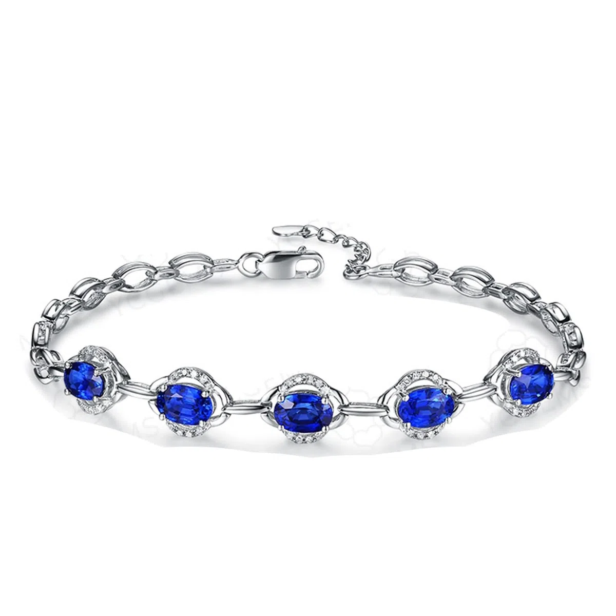 Pulsera de Mujer Oro Blanco 9Kilates / 14Kilates / 18Kilates, Oval con Zafiro y Diamante, Cadena Extensible 16 CM + 5 CM, Pulseras de Plata Azul de Mujer Ajustable