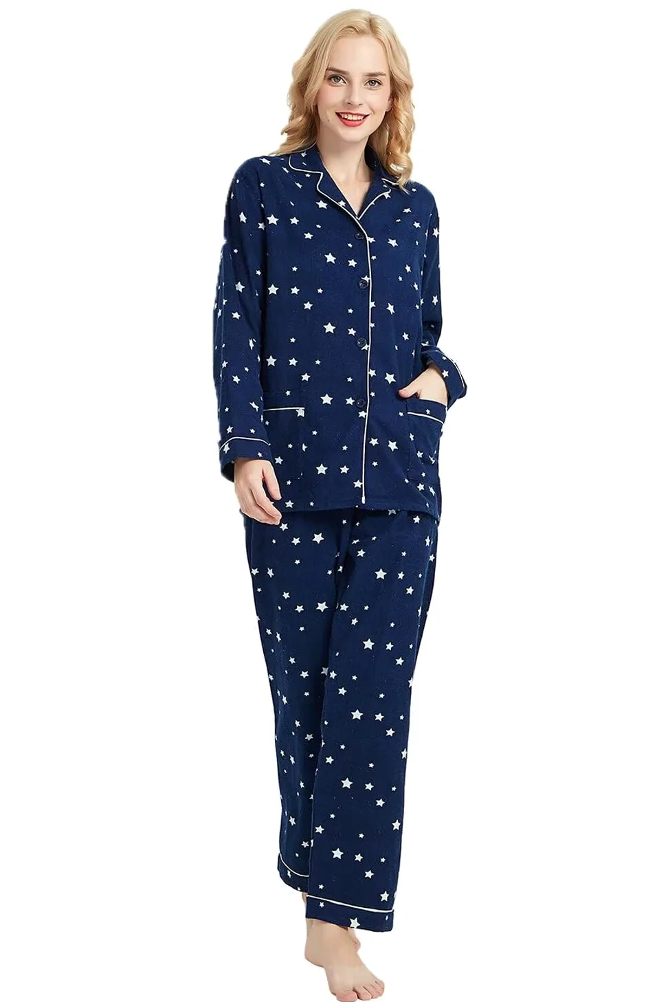 GLOBAL Pijamas Mujer Franela, Pijamas Algodon Mujer Largos, Conjunto de Pijama Suave y Cómodo, Camisones Mujer Botones, Cintura Elástica Ajustable，Regalo Mujeres,