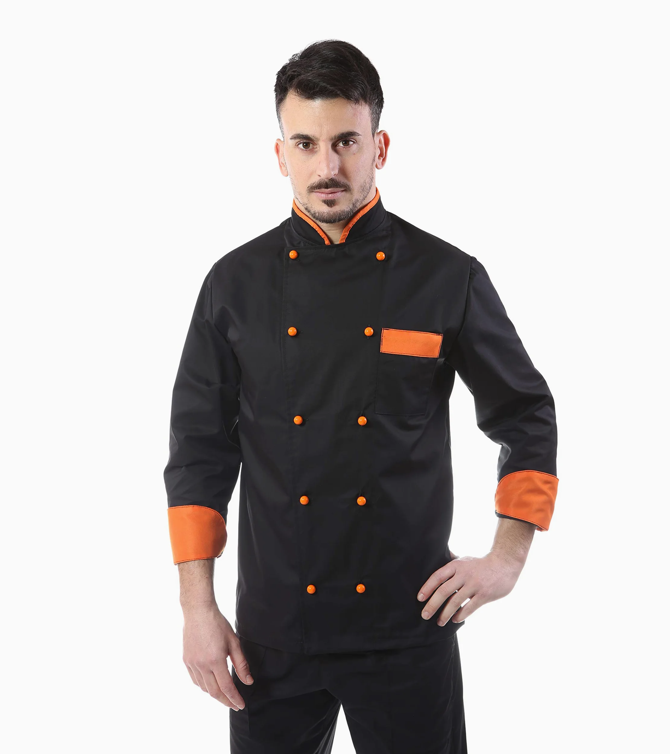 Bordado gratuito – Conjunto de cocinero para hombre – Negro y naranja – Uniforme Chef – Chaqueta, pantalones y delantal – Uniforme para cocina y restaurante – Fabricado en Italia