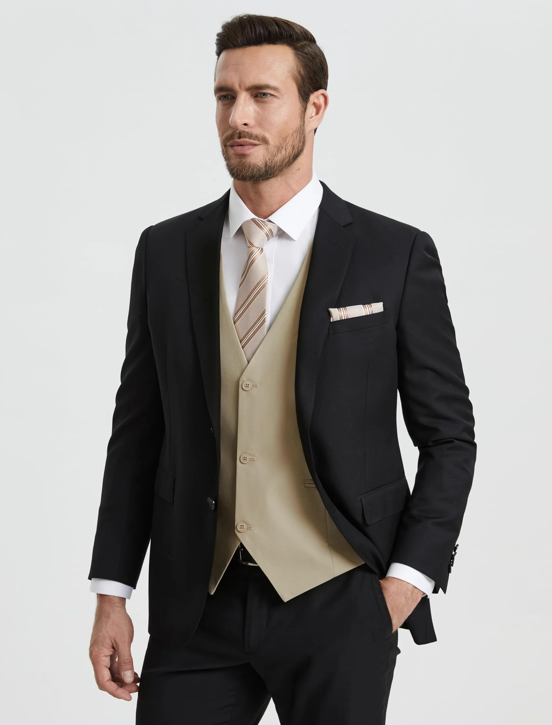HISDERN Chaleco Traje Hombre Elegante Formal Clásico Color Liso Ajustable 3 Botones Bolsillo Boda Ceremonias S-4XL
