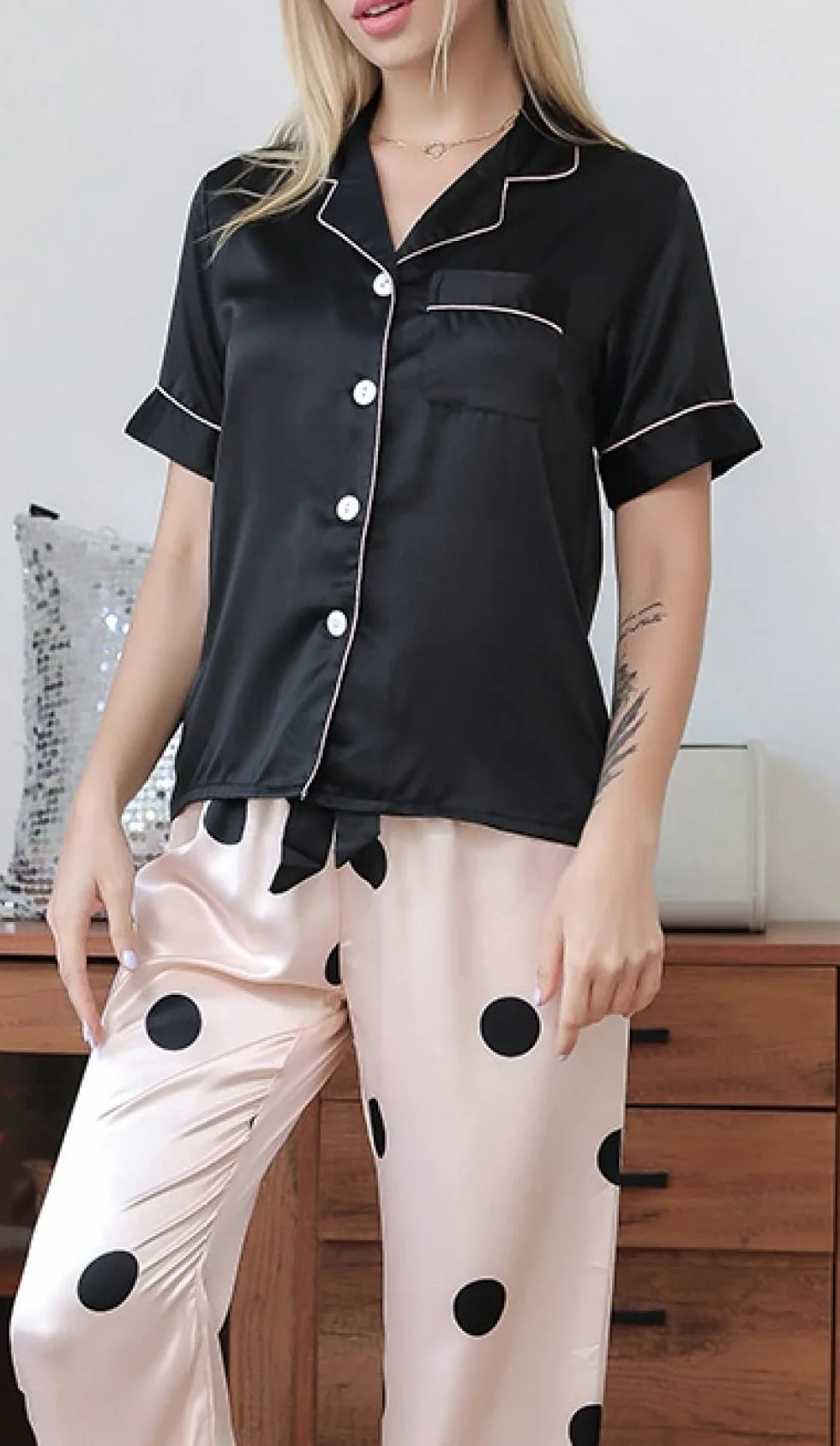 Pijama De Mujer Manga Corta,Top De Solapa Negra Pantalones De Lunares Pijama De Verano Para Mujer Conjunto De 2 Piezas Pijama De Moda Suave Loungewear Regalo Del Día De La Madre Para Esposa Novia M