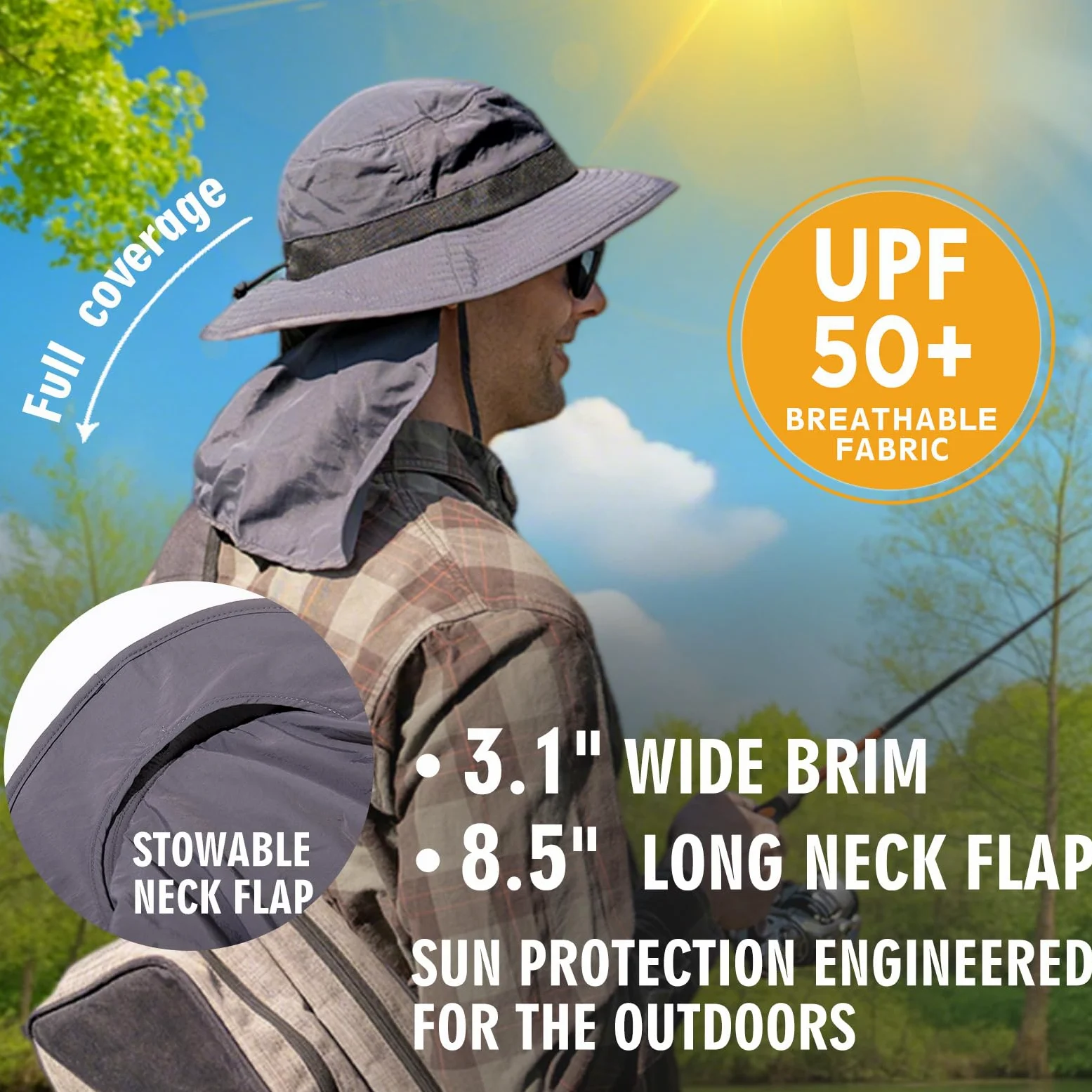 TOP-EX Sombrero de pesca extragrande XL XXL para hombre, con protección UV 50, impermeable, plegable, de malla, con solapa para el cuello, para pesca y senderismo
