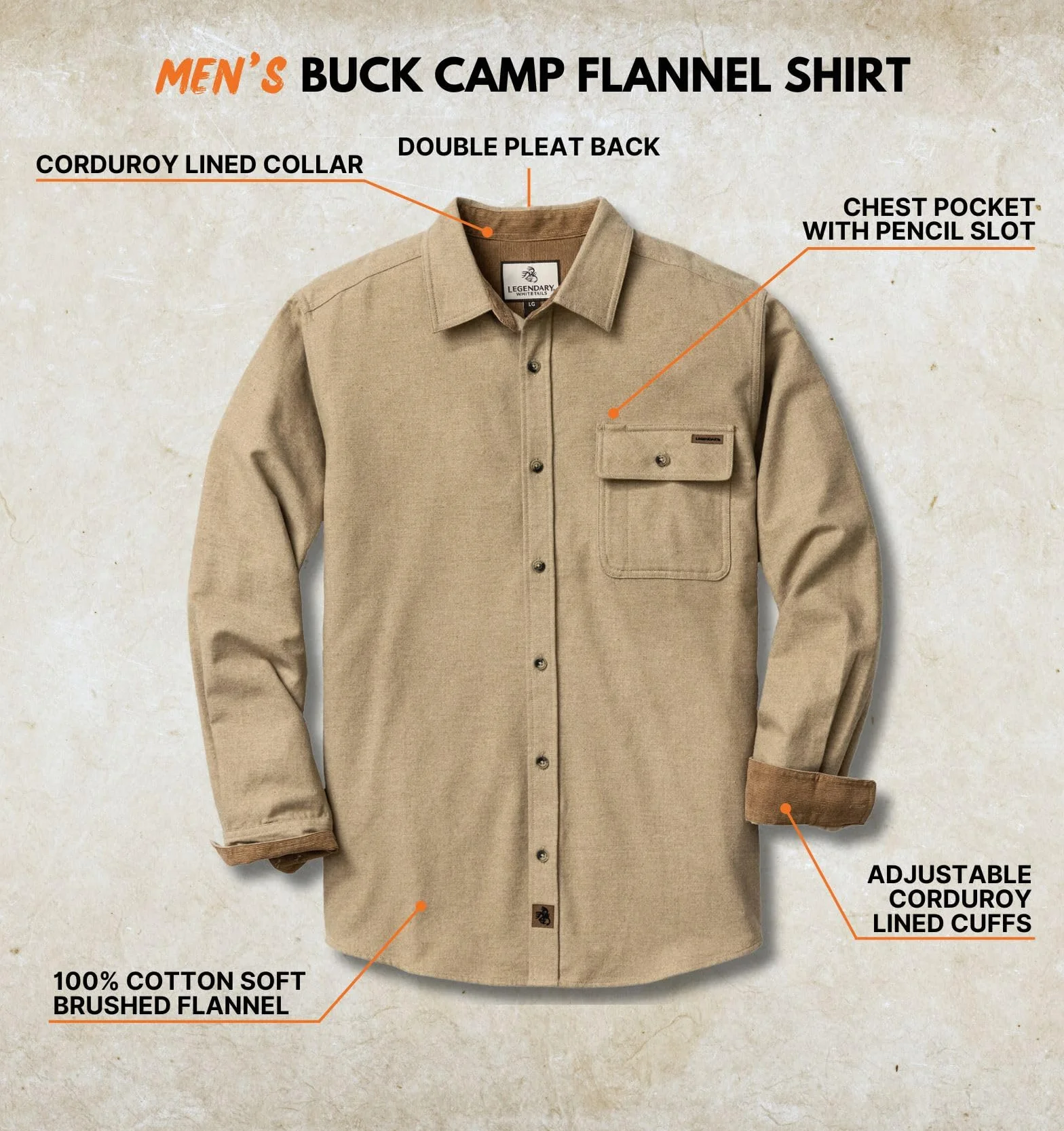 Legendary Whitetails Camisa de Franela Buck Camp para Hombre, Manga Larga, con Botones, Estilo Casual, puños de Pana, Color Arena Jaspeado, Talla L, Arena Jaspeada, L