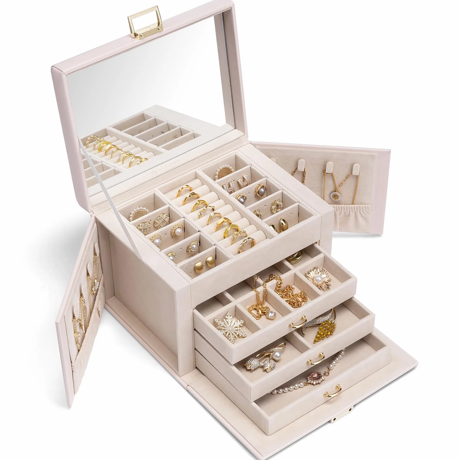 Vlando Joyero grande con 4 niveles, joyero de piel sintética, joyero con espejo y cajones, organizador de joyas, forro interior de terciopelo, color beige