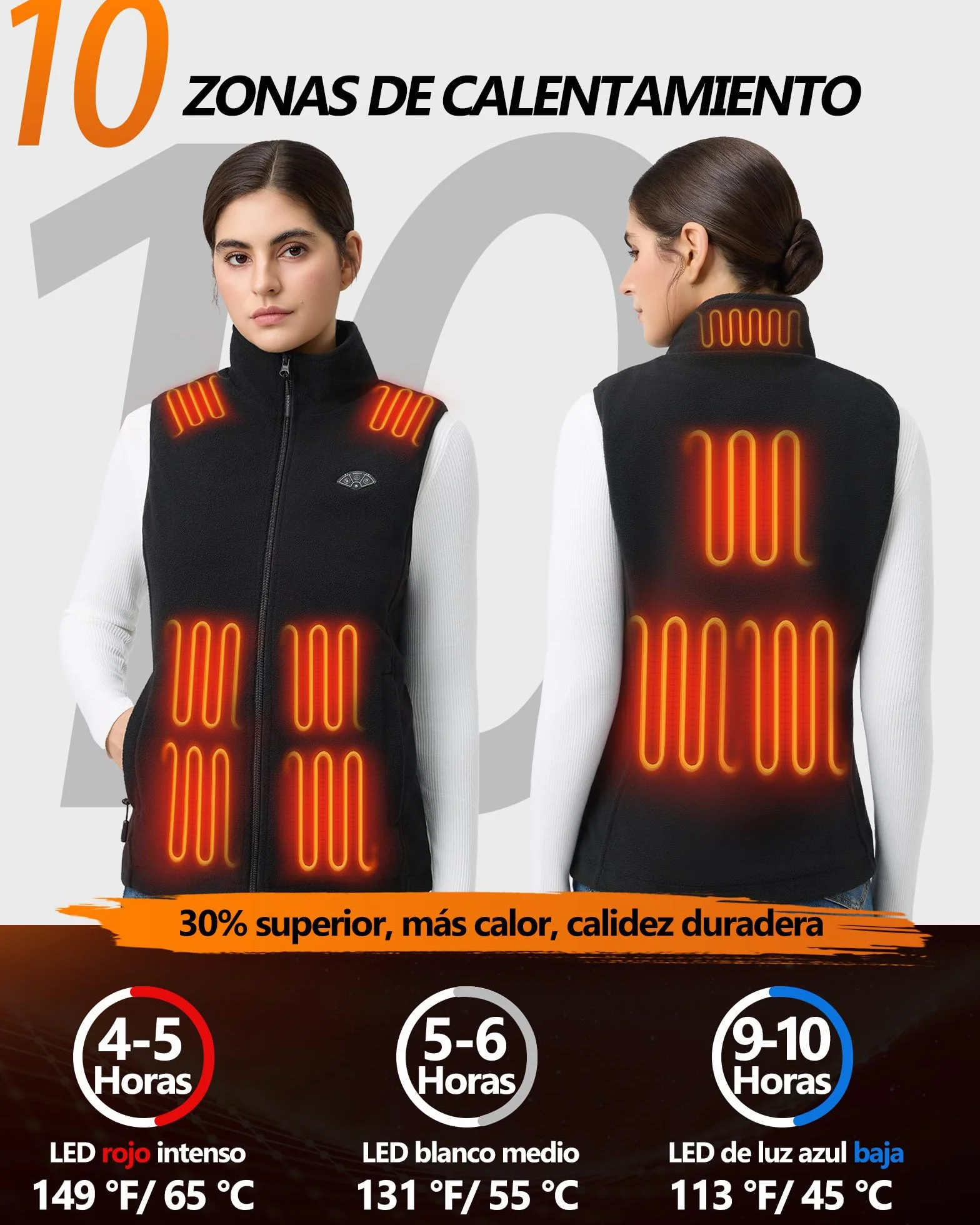 Topdot Polar Chaleco Calefactable Mujer, 7.4V 16000mAh, 10 Zonas Calentamiento, 3 Temperaturas, Forro Lana