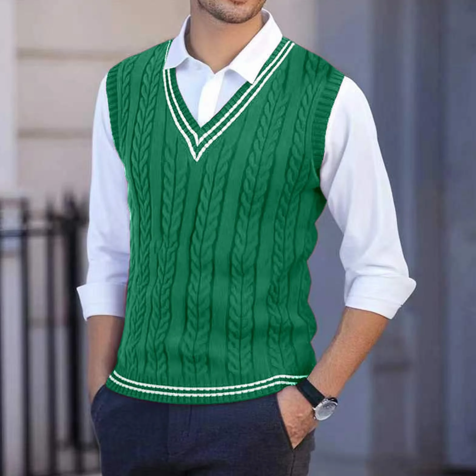 2025 Chaleco de suéter para hombre, ajuste estrecho, casual, tejido, sin mangas, cálido, para el invierno, en capas, elástico, cómodo, ligero, cuello redondo Chaleco Genérico de septiembre, verde, XXL