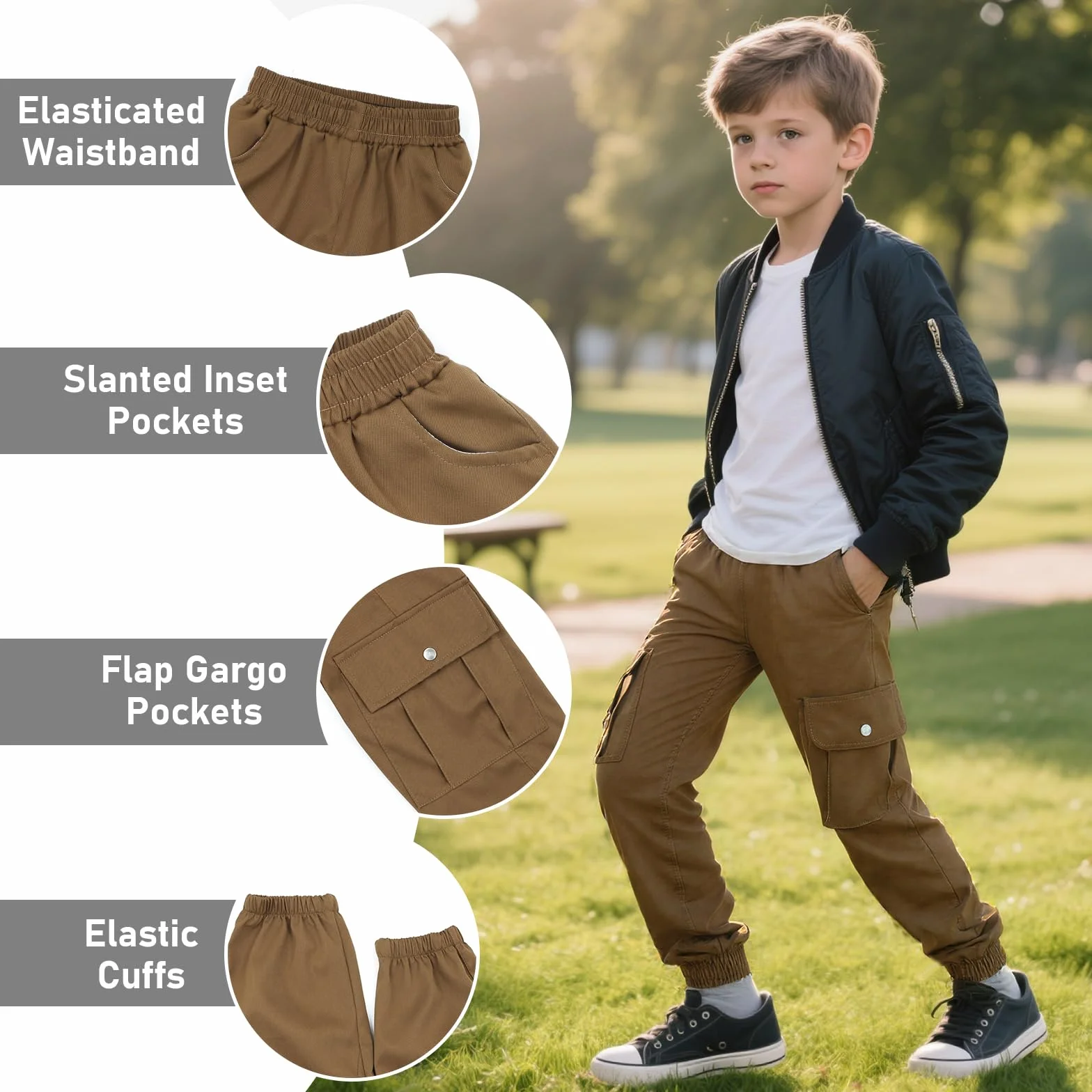 Pantalones Cargo Niños Suaves Transpirable Cintura Elástica Múltiples Bolsillos Streetwear Casual Joggers 6-13 Años