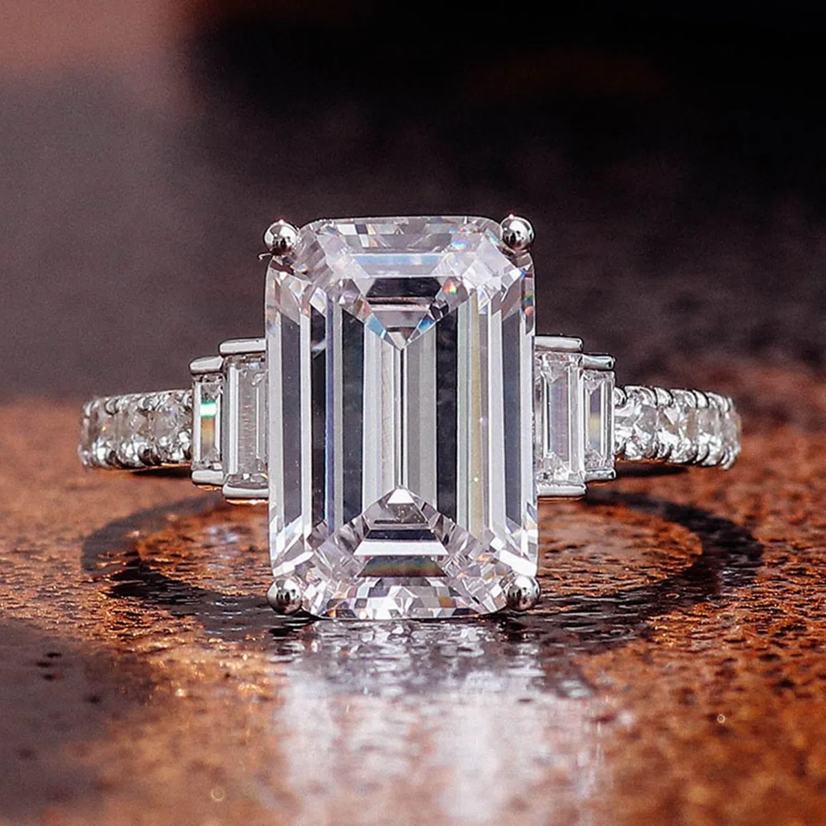 Anillos para mujer, anillos de lujo con moissanite rectangular de oro blanco de 14 quilates Regalos para novia