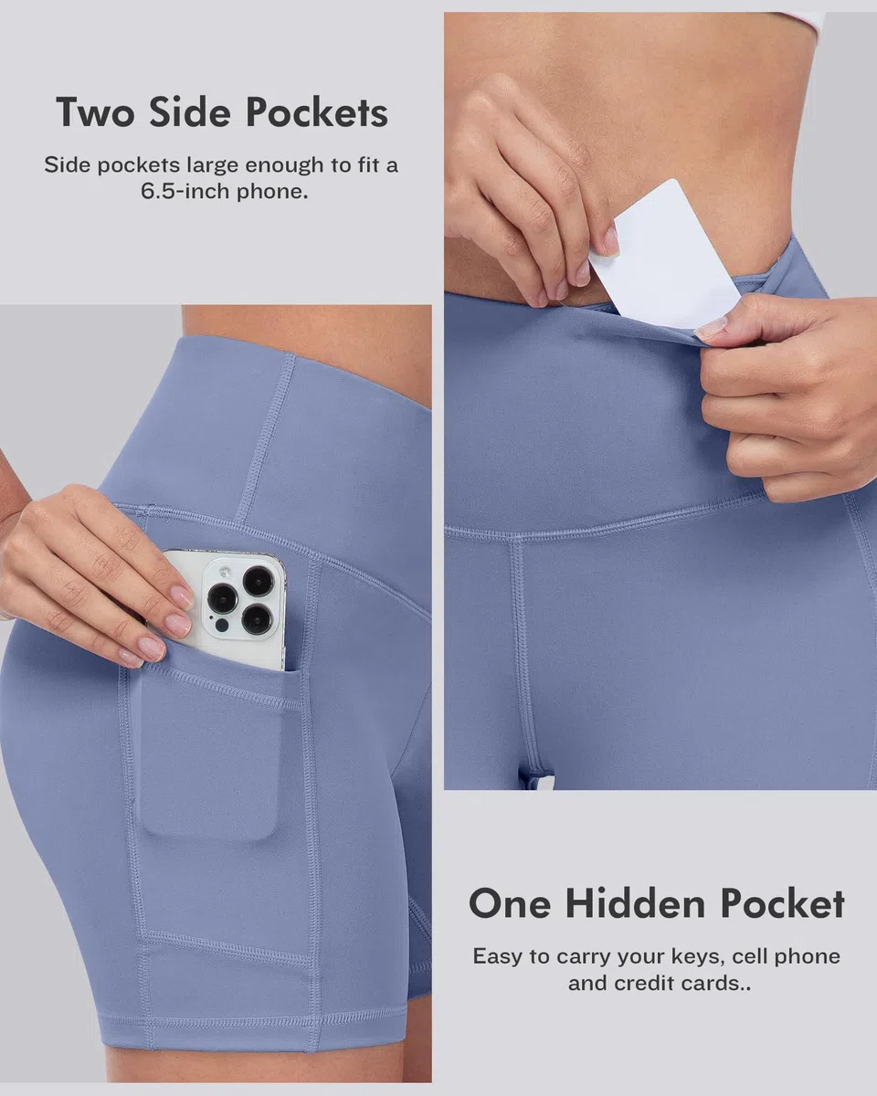 LZYVOO Pantalones cortos de elastano para mujer con bolsillos, pantalones cortos de cintura alta para yoga y entrenamiento, Paquete de 5: negro, gris oscuro, verde azulado, azul, rosa, M