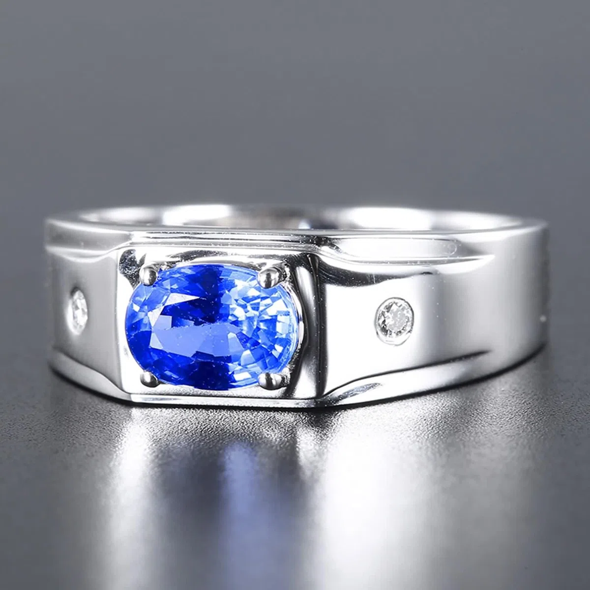 Anillos Oro 18K, Anillos de Compromiso para Hombre Azul 1.33 Kilates Zafiro Creado En Laboratorio Clásico Oro Blanco 750 con Moissanita Talla 8