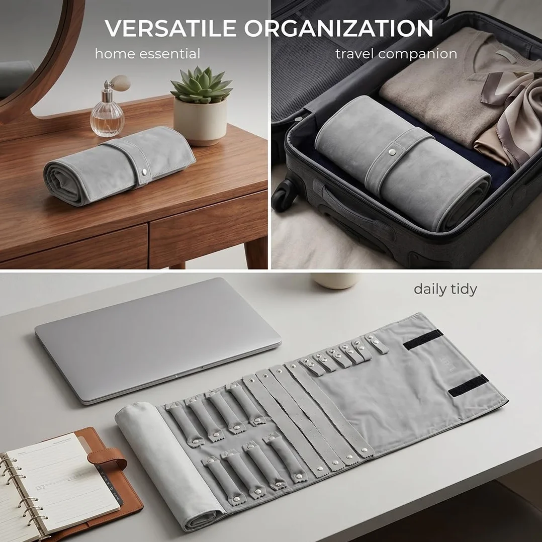 1 Set Joyas Rollo, Terciopelo Rollo Joyero, Plegable Rollo Joyero, Organizador De Viaje Para Joyas, Puede Contener Varios Collares Y Pulseras, Gris