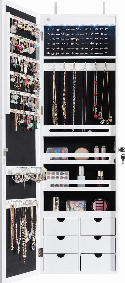 GIANTEX Armario de Joyas con Espejo de Cuerpo Entero, Armario Joyero con Cerradura y 5 LED, Montado en la Pared o en la Puerta, 36,5x11,5x120cm, para Pendientes, Anillos, Collares y Pulseras, Blanco