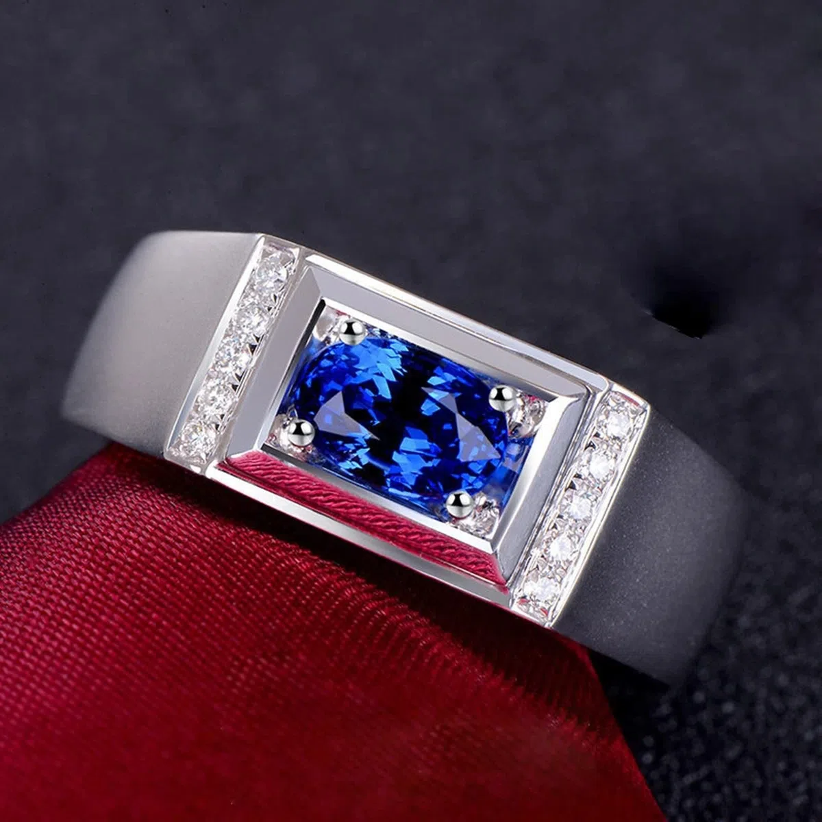 Sortija Piedras Azul, Alianzas Boda Oro Blanco 18K Forma Oval 0.1Ct Diamante Blanco Talla 25 para Esposo con Joyero