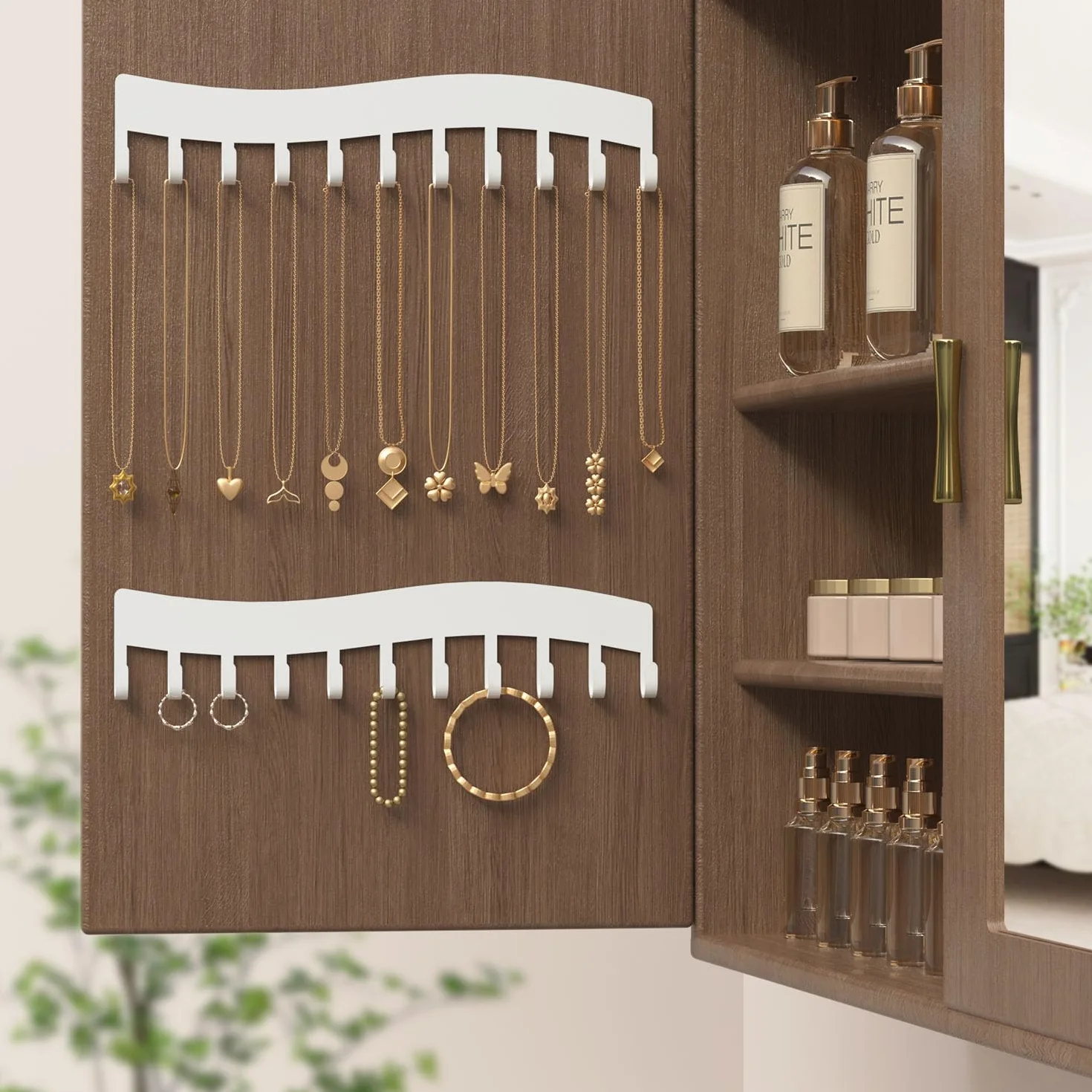 Organizador de joyas de pared Josmimic – Soporte para collares, pulseras y pendientes, juego de 2, blanco