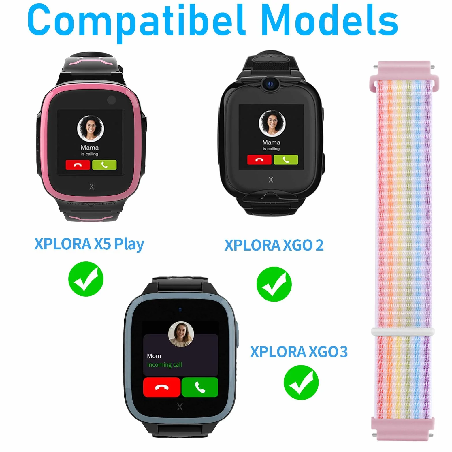 Correa Compatible con Xplora X5 /XGO 2/XGO 3, orrea de Reloj Deportivo de Nailon de Repuesto Ajustable y Transpirable para Niños y Niñas Compatible con Xplora X5 Play/XGO2/XGO3, Arco Iris